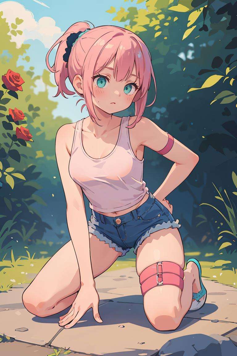 (masterpiece, best quality), 1girl, Rose pink Textured Ponytail, tiny breasts, Cyan Lace-trimmed tank top and Denim shorts, thigh strap, Kneeling on the ground with hands on thighs.