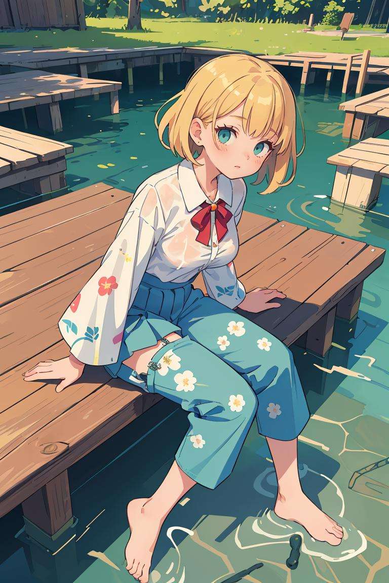(masterpiece, best quality), 1girl, Golden Blonde Taper Fade with Textured Top, Sizes I to L breasts, Aqua Puff-sleeve wrap blouse with a floral print. and Pleated culottes, legwear garter, Resting on a wooden dock, feet dipped in water, feeling serene.