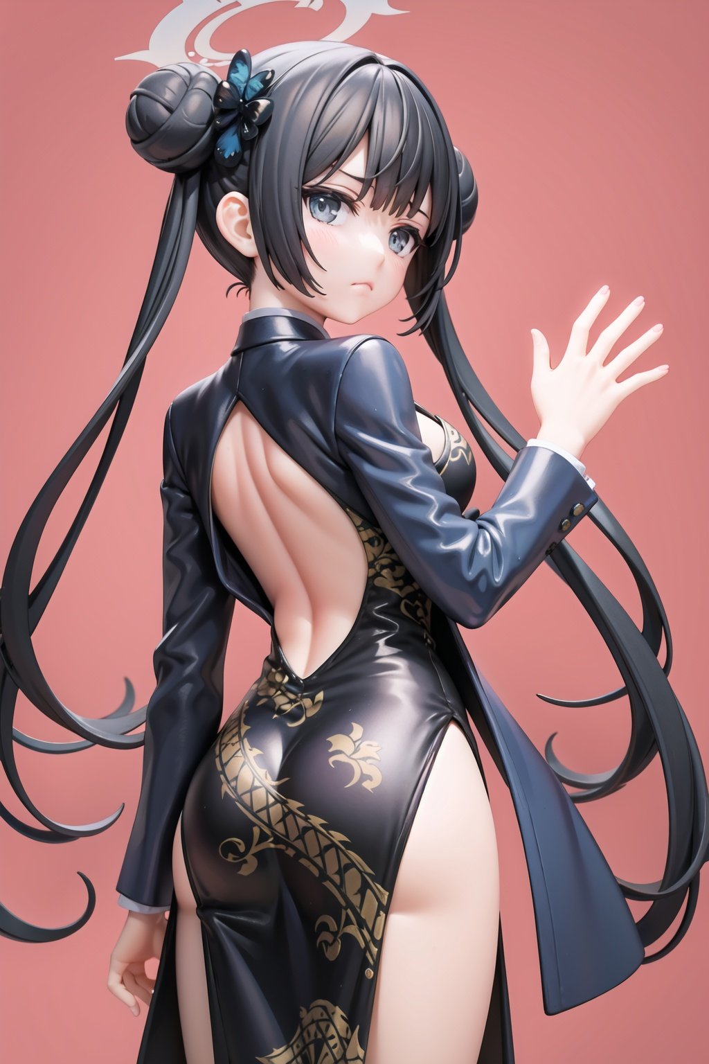 best quality,masterpiece,1girl,solo,solo focus,<lora:妃咲:0.8>,kisaki(blue archive),gray eyes,twintails,double bun,black hair,long hair,Chinese dress,(simple background:1.3),looking at viewer,frown,disdain,from behind,bare back,