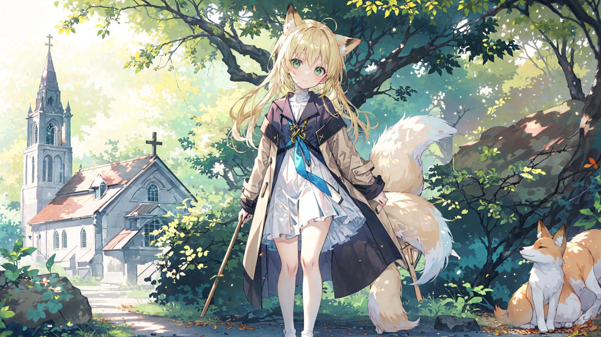  1girl, solo, cute loli, light_smile, blonde_hair, long_hair, dress, (beige_coat:1.2), (closed_mouth), straight_hair, wind_lift, hair_lift, 
(outdoors), stone_road, branches, (leaves), head tilt, (looking at viewer), straight-on, (full_body), white_socks, (fox_ears), green_eyes,
foreground_bushes, (bushes), tree, forest, sunshine, (church:1.2),(stone_road), (cobblestone), (sunshine), 
,backlight