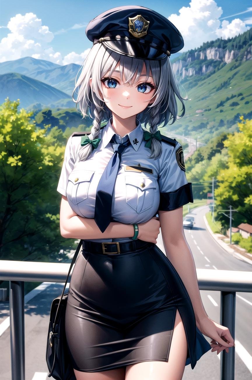 (masterpiece, best quality, detailed), 1girl, solo, Sakuya, izayoi sakuya, braid, twin braids, grey hair, short hair, looking at viewer, bow, blue eyes, hair bow, green bow, bangs,policewoman, police uniform, police hat, necktie, pencil skirt, armband, breast pocket, holster, road, utility pole, guard rail, road sign, power lines, hill, railing, scenery, outdoors, mountainous horizon, landscape, peace sign, closed mouth, smile