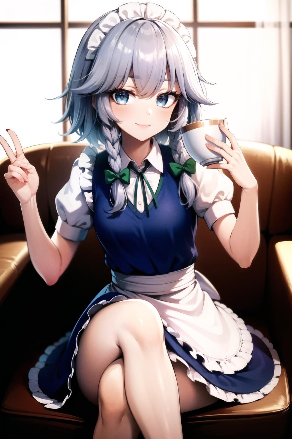 best quality, <lora:Sakuya:1> maid headdress, izayoi sakuya, braid, twin braids, grey hair, short hair, sakuya, solo, looking at viewer, bow, blue eyes, hair bow, green bow, bangs, maid, puffy sleeves, short sleeves, apron, dress, blue dress, smile, sitting, holding cup, holding, crossed legs, 