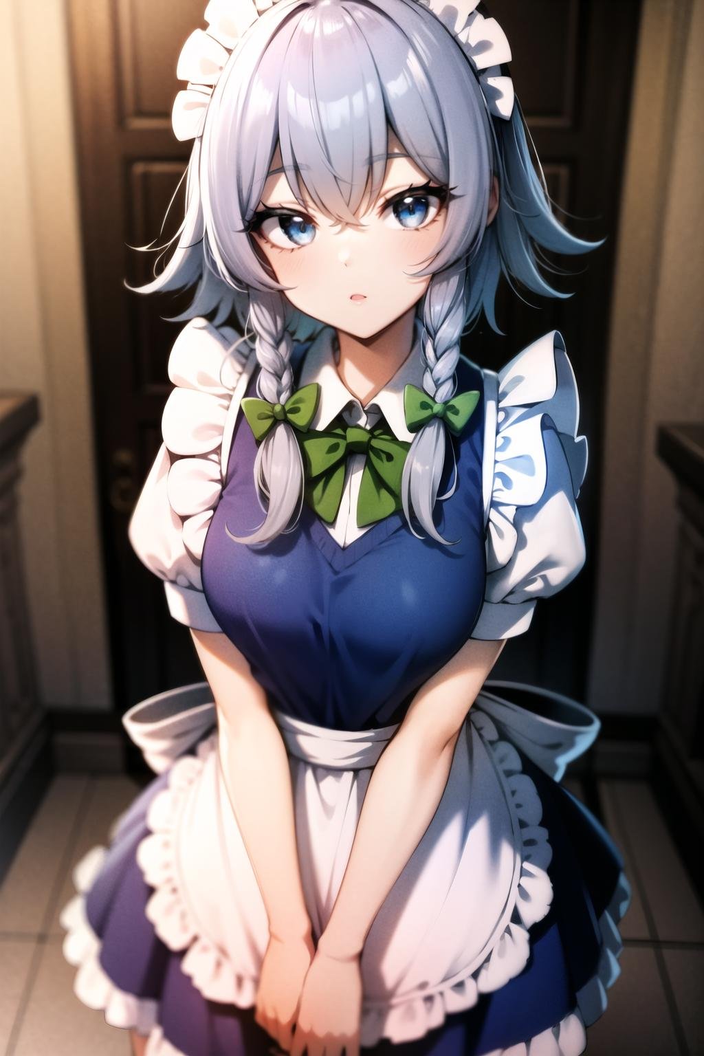 best quality, <lora:Sakuya:1> maid headdress, izayoi sakuya, braid, twin braids, grey hair, short hair, sakuya, solo, looking at viewer, bow, blue eyes, hair bow, green bow, bangs, maid, puffy sleeves, short sleeves, apron, dress, blue dress