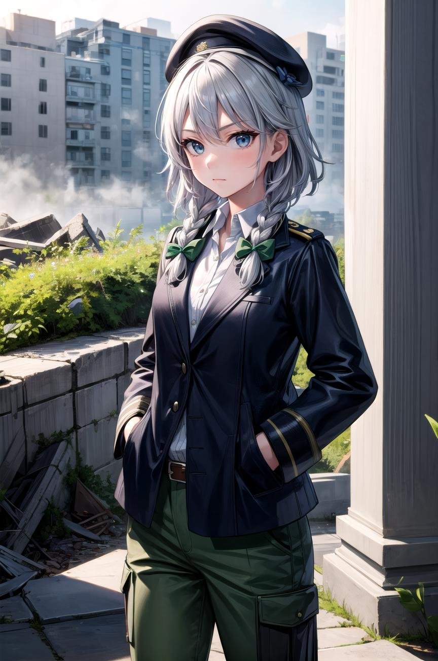 (masterpiece, best quality, detailed), 1girl, solo, Sakuya, izayoi sakuya, braid, twin braids, grey hair, short hair, looking at viewer, bow, blue eyes, hair bow, green bow, bangs,military uniform, military, soldier, belt, green pants, beret, black jacket, ruins, overgrown, rubble, pillar, outdoors, building, light rays, fog, hands in pockets, closed mouth, serious