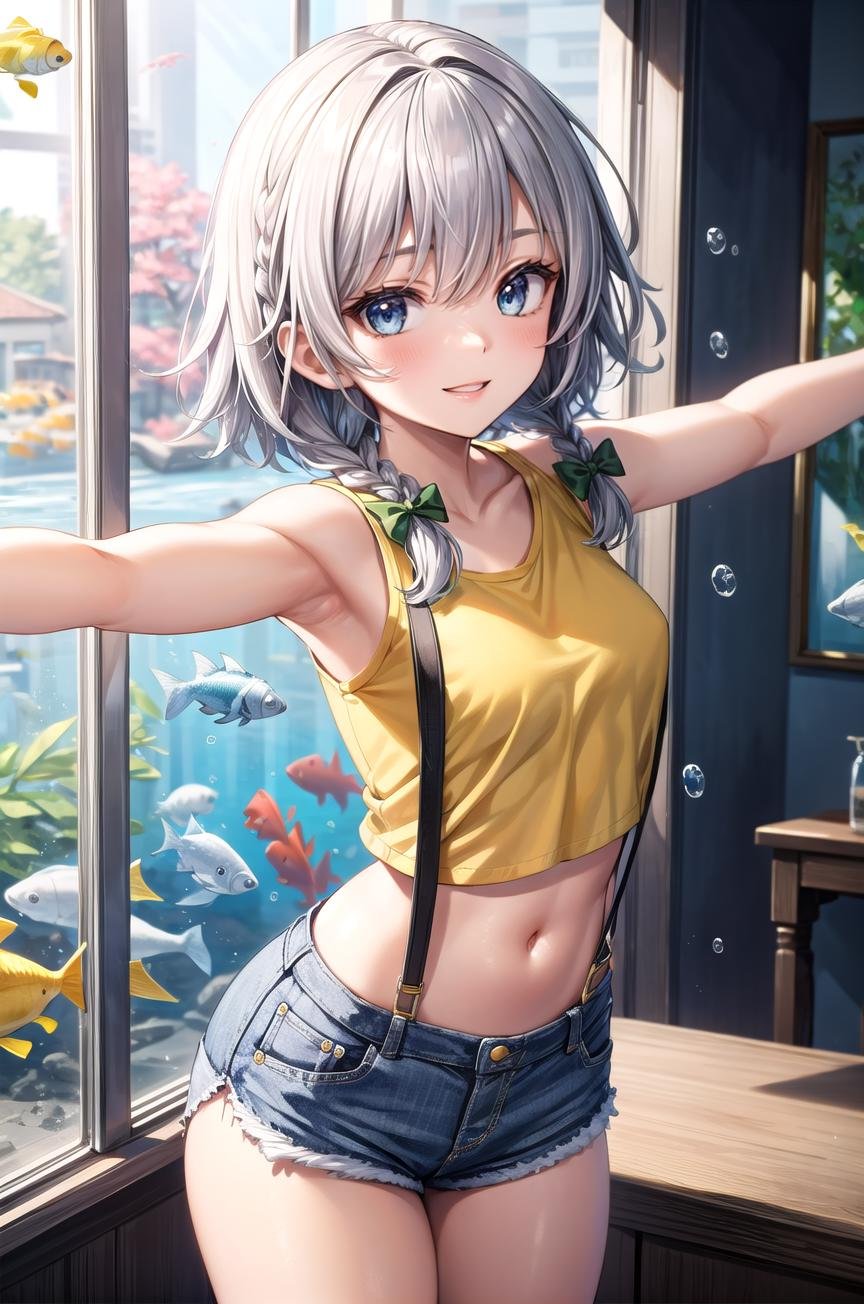 (masterpiece, best quality, detailed), 1girl, solo, Sakuya, izayoi sakuya, braid, twin braids, grey hair, short hair, looking at viewer, bow, blue eyes, hair bow, green bow, bangs,suspenders, midriff, short shorts, yellow shirt, sleeveless, crop top, cutoffs, denim, short shorts, open fly, indoors, aquarium, fish, bubble, scenery, blue theme, spread arms, outstretched arms, parted lips, smile