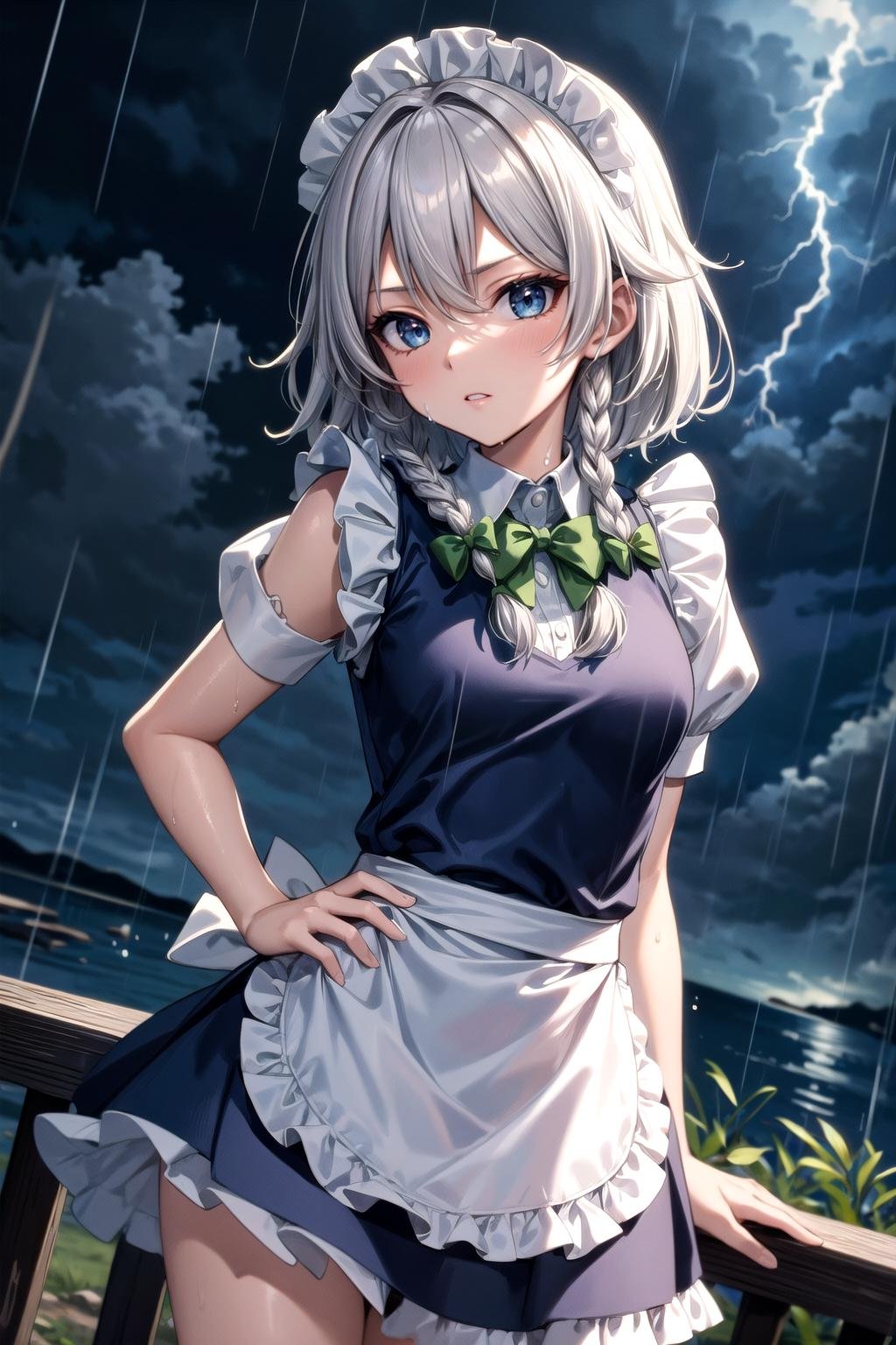 (masterpiece, best quality, detailed), 1girl, maid headdress, izayoi sakuya, braid, twin braids, grey hair, short hair, sakuya, solo, looking at viewer, bow, blue eyes, hair bow, green bow, bangs, maid, puffy sleeves, short sleeves, apron, dress, blue dress,torn clothes, outdoors, lightning, rain, cloudy sky, wet, storm, wind, contrapposto, looking to the side, parted lips, serious, cowboy shot, dutch angle