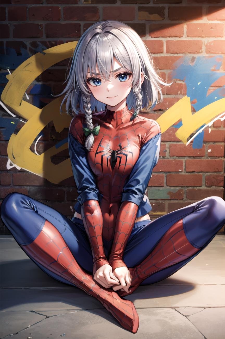 (masterpiece, best quality, detailed), 1girl, solo, Sakuya, izayoi sakuya, braid, twin braids, grey hair, short hair, looking at viewer, bow, blue eyes, hair bow, green bow, bangs,<lora:attire_spider-man:0.8>, spider suit, spider web print, spider web, <lora:CONCEPT_graffiti_wall_ownwaifu:0.7>, CONCEPT_graffiti_wall_ownwaifu, www.ownwaifu.com, (graffiti:1.2), brick wall, indian style, hands on feet, smile, closed mouth, v-shaped eyebrows