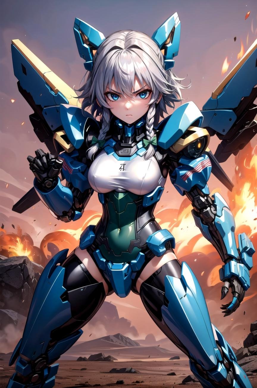 (masterpiece, best quality, detailed), 1girl, solo, Sakuya, izayoi sakuya, braid, twin braids, grey hair, short hair, looking at viewer, bow, blue eyes, hair bow, green bow, bangs,<lora:mecha_offset:1>, mecha musume,mechanical parts, robot joints,single mechanical arm, headgear, mecha corset, full armor, world war ii, war, military vehicle, battlefield, battle, dust, smoke, burning, fire, red sky, explosion, fighting stance, (clenched hands), legs apart, serious, v-shaped eyebrows