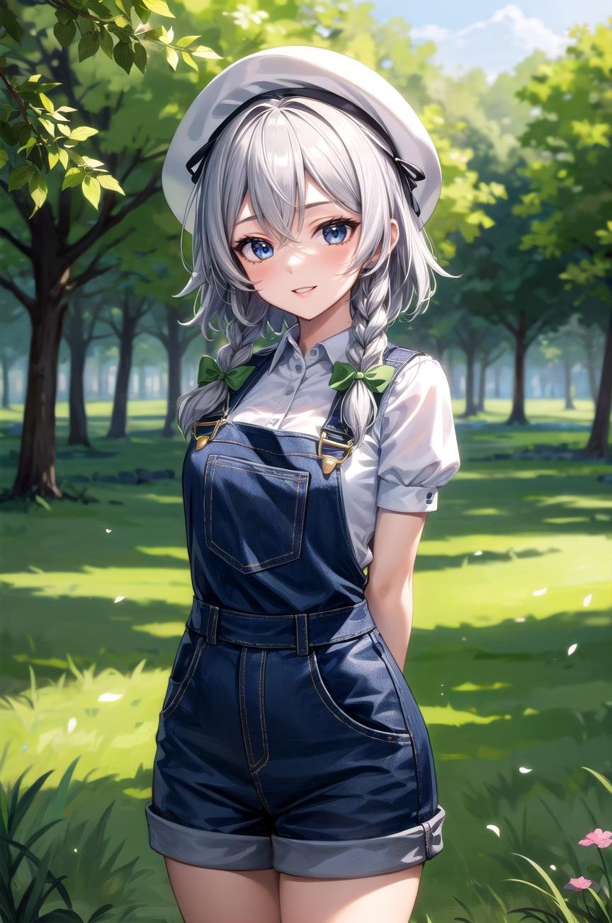 (masterpiece, best quality, detailed), 1girl, solo, Sakuya, izayoi sakuya, braid, twin braids, grey hair, short hair, looking at viewer, bow, blue eyes, hair bow, green bow, bangs,overalls, short sleeves, white gloves, striped shirt, cabbie hat, outdoors, forest, nature, grass, tree, flower, leaf, night, dark, arms behind back, parted lips, smile