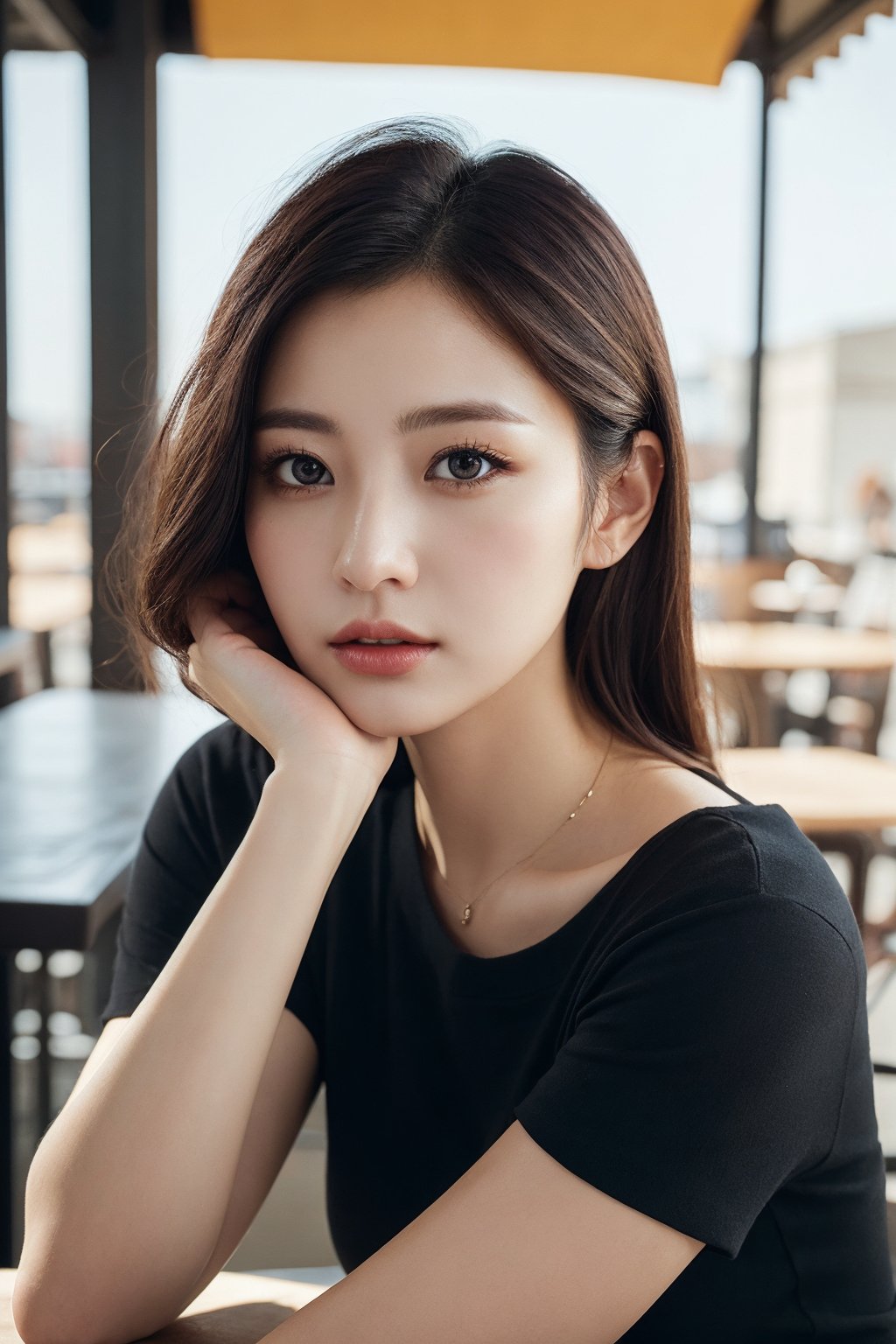 beautiful japanese woman, lifelike rendering, immersive atmosphere, impeccably detailed, visually stunning, transfixing looks, emotive depth, artistic emotionality, compelling glances, shoulder, cafe, outdoor, natural lighting, Intense Shadow, detailed eyes, detailed face, detailed real skin texture, detailed fabric rendering ,flashphoto