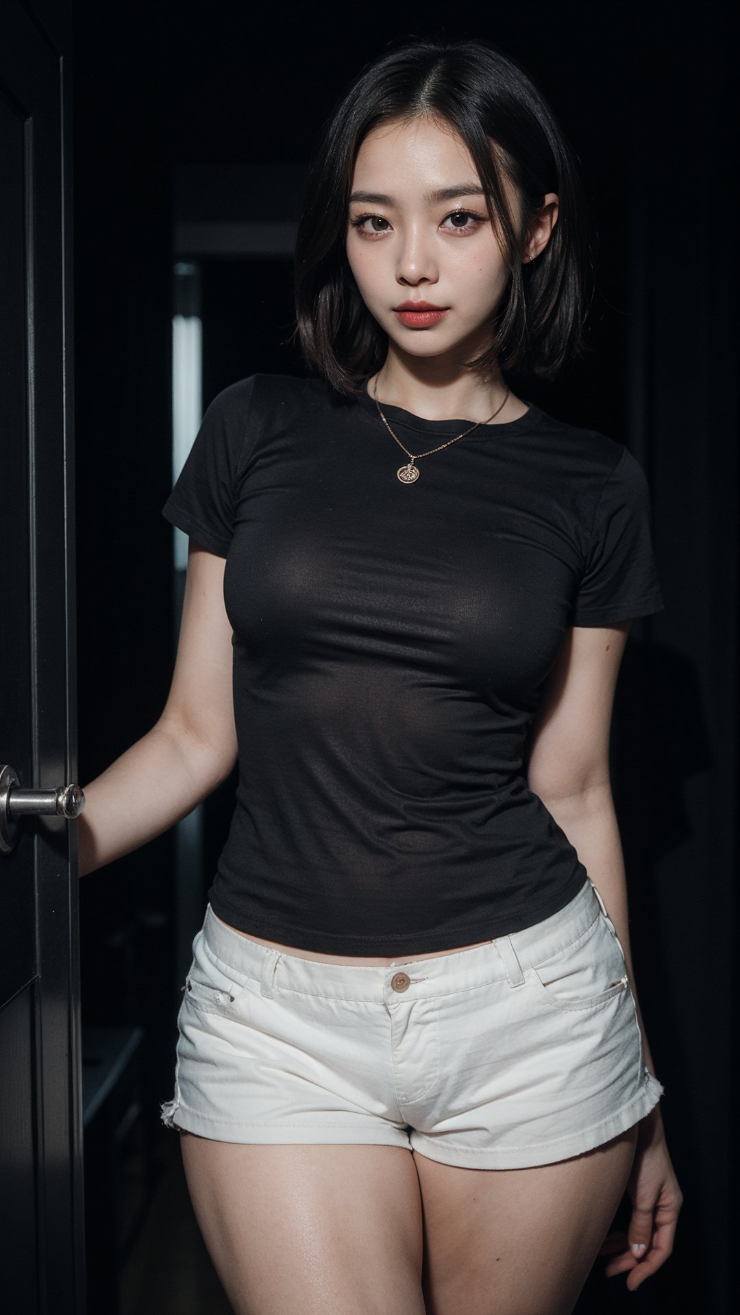 a beautiful Korean woman, medium dark brown hair, natural saggy medium breasts, wide hips, tall stature, thick body, pale skin, necklace, short sleeve T-shirt with short sport shorts, midnight, (dark theme, low key, in the dark:1.6), (from bedroom inside:1.2) opened door, hand on doorframe, dark background, dim light from top, rim light, seductive face, erotic smile, eye contact, look at viewer, from below, full body focus, detailed eyes and face, detailed skin texture and fabric rendering, detailed details, flashphoto