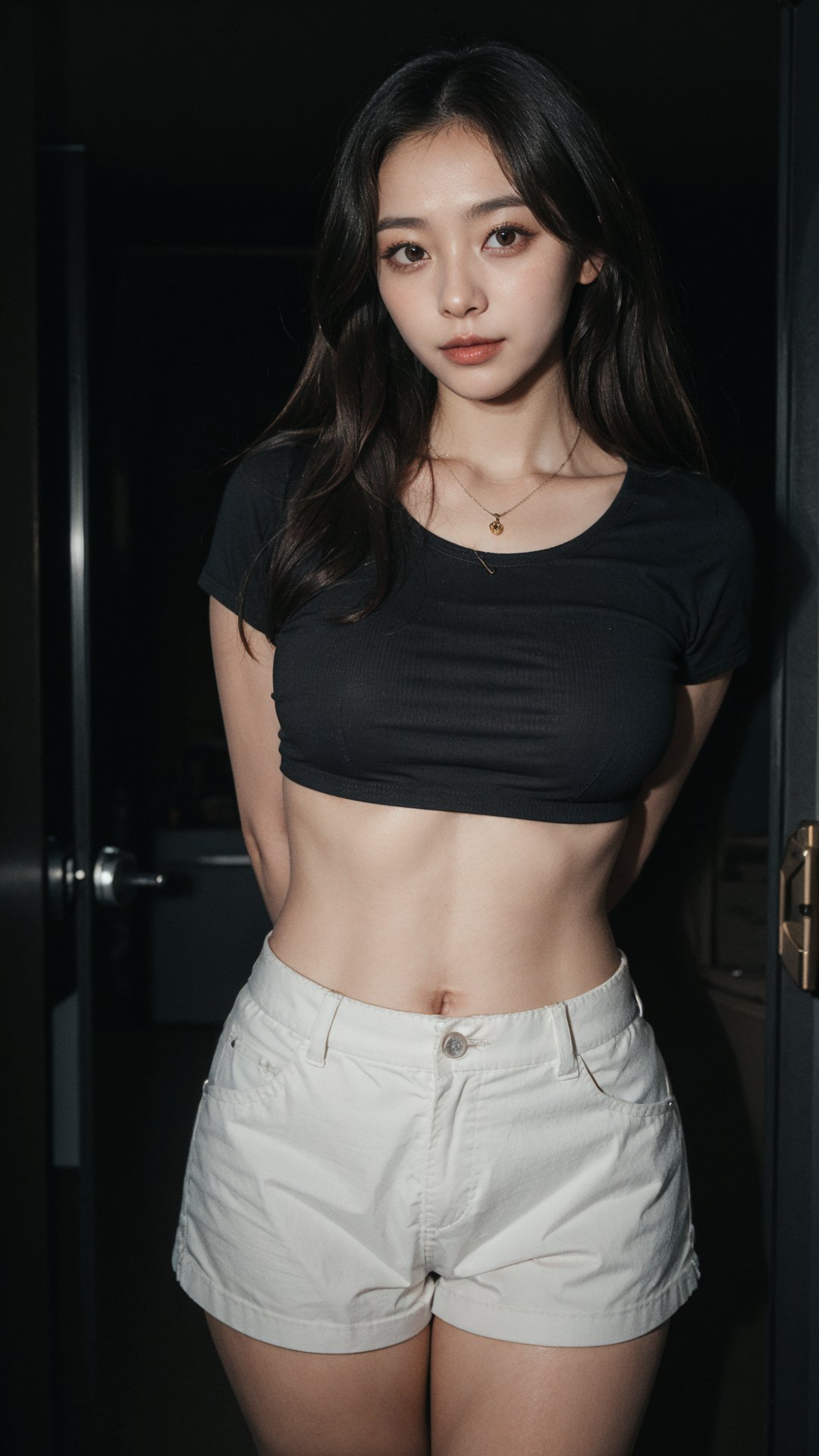 a beautiful Korean woman, medium dark brown hair, natural saggy medium breasts, wide hips, tall stature, thick body, pale skin, necklace, short sleeve T-shirt with short sport shorts, midnight, (dark theme, low key, in the dark:1.6), (from bedroom inside:1.2) opened door, hand on doorframe, dark background, dim light from top, rim light, seductive face, erotic smile, eye contact, look at viewer, from below, full body focus, detailed eyes and face, detailed skin texture and fabric rendering, detailed details, flashphoto