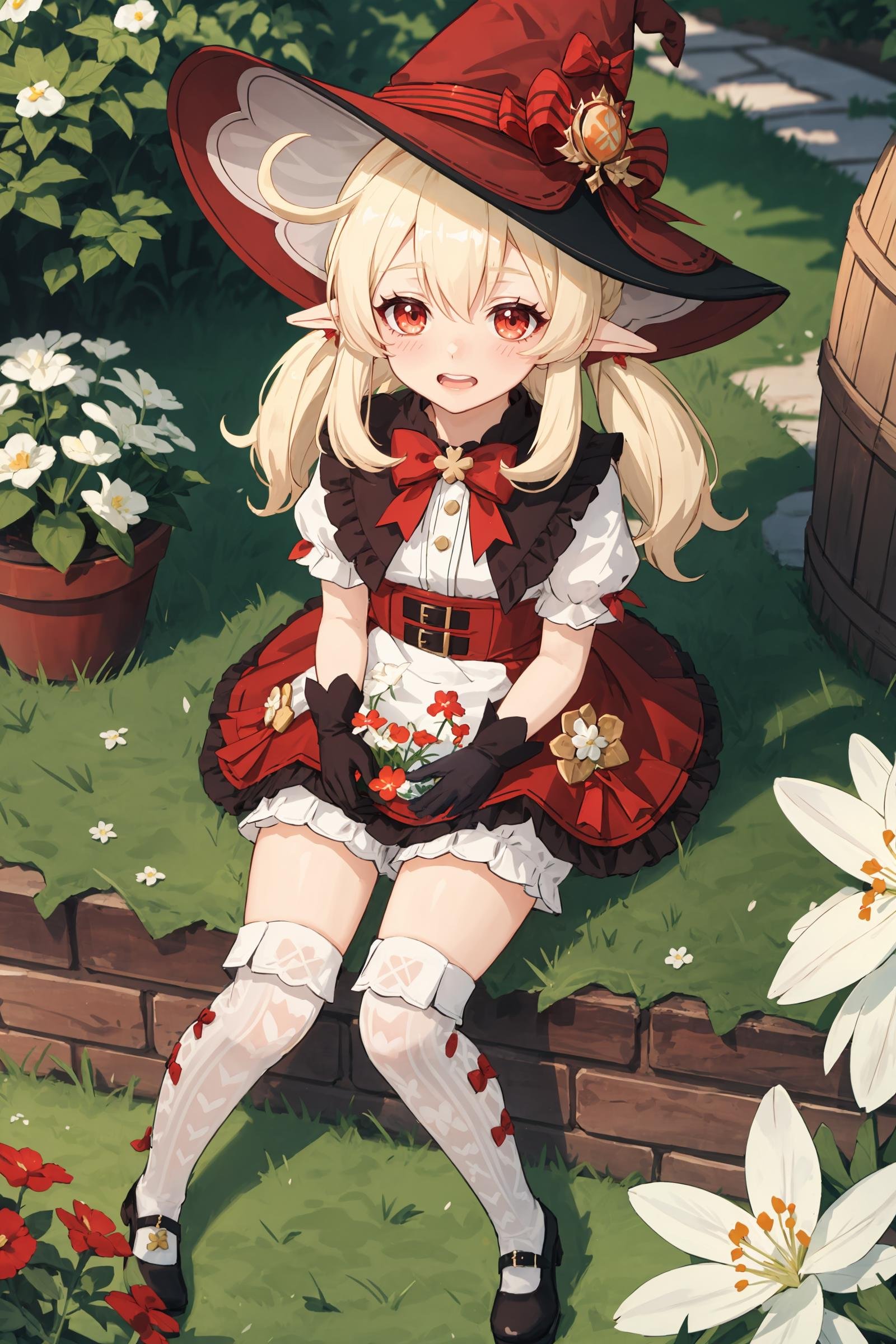 1girl, klee \(blossoming starlight\) \(genshin impact\), bloomers, black gloves, kneehighs, mary janes, witch hat, red skirt, white shirt, shawl, waist apron, looking at viewer, sitting, garden, wariza, from above, flower, smile, open mouth, depth of field