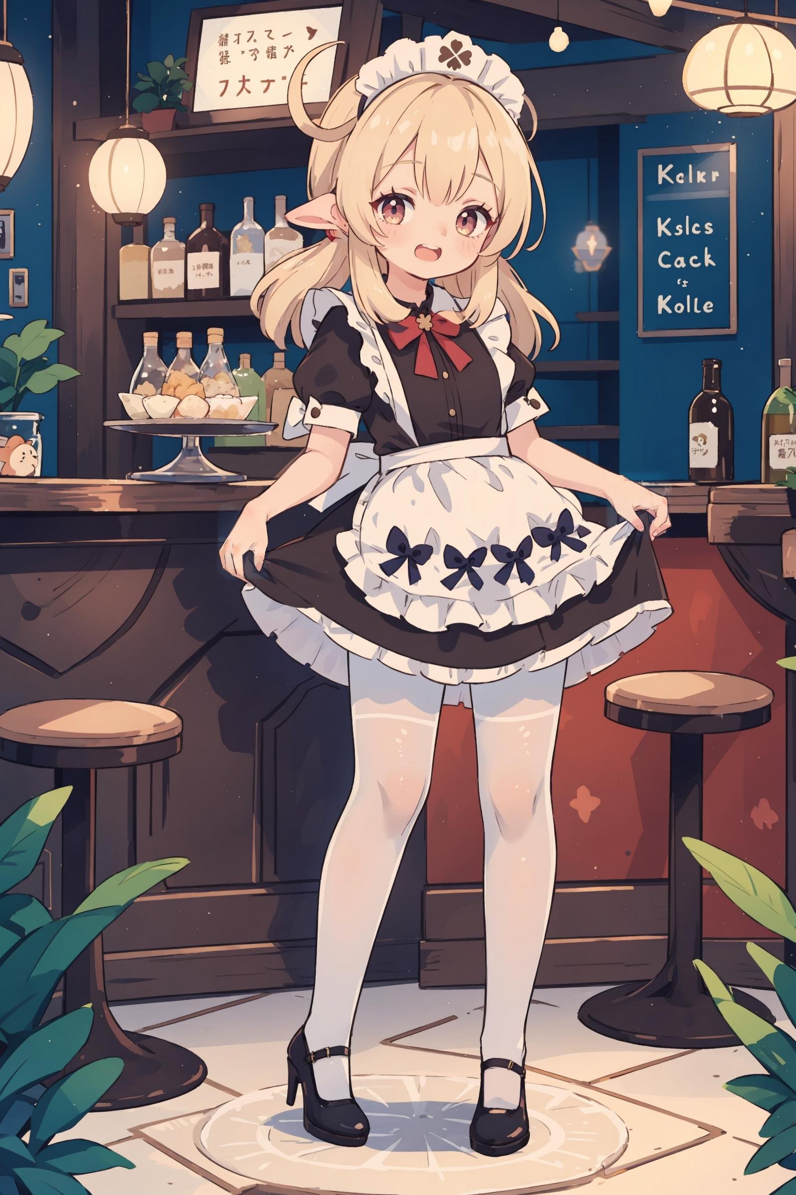 1girl, klee \(genshin impact\), maid, maid headdress, maid apron, white pantyhose, high heels, full body, open mouth, smile, looking at viewer, (skirt hold, curtsey: 1.2), bar \(place\), indoors, depth of field