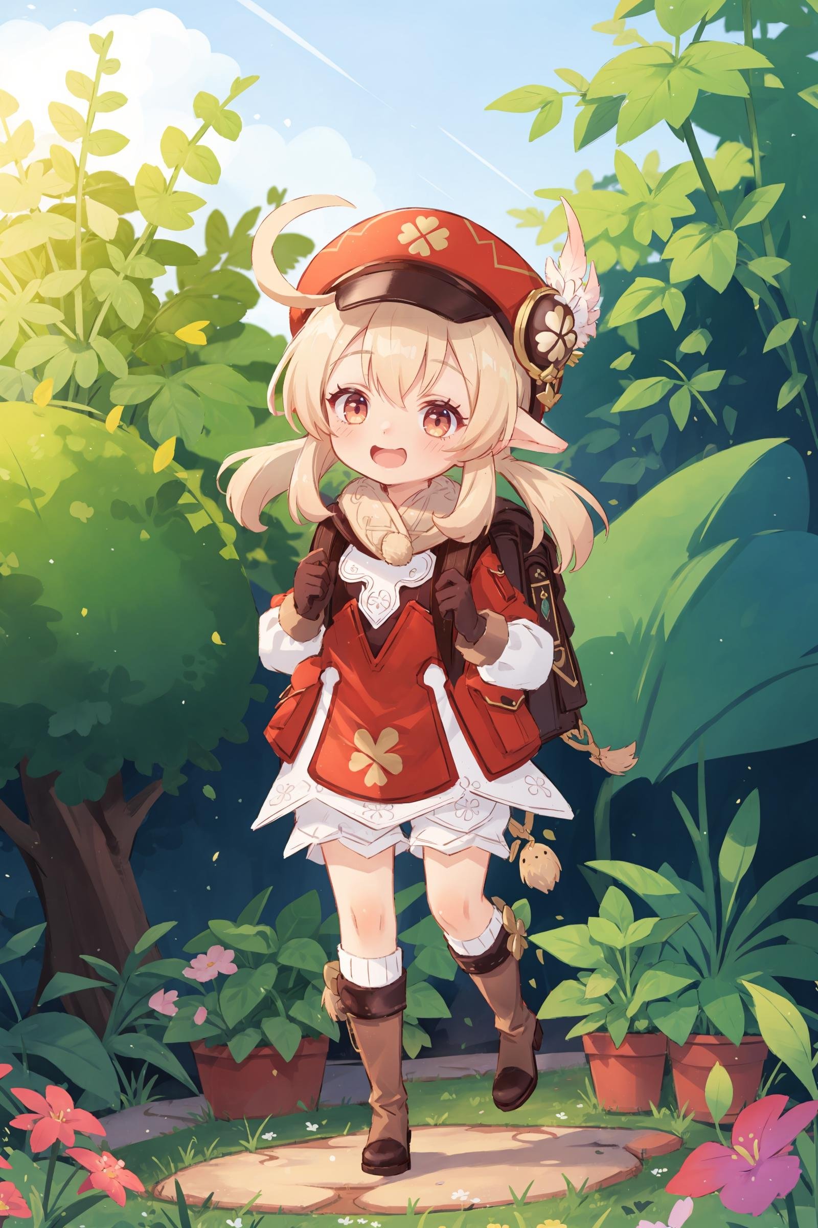 1girl, klee \(genshin impact\), bloomers, brown gloves, knee boots, cabbie hat, red coat, scarf, backpack, looking at viewer, smile, open mouth, full body, balancing, standing on one leg,  garden, outdoor, depth of field