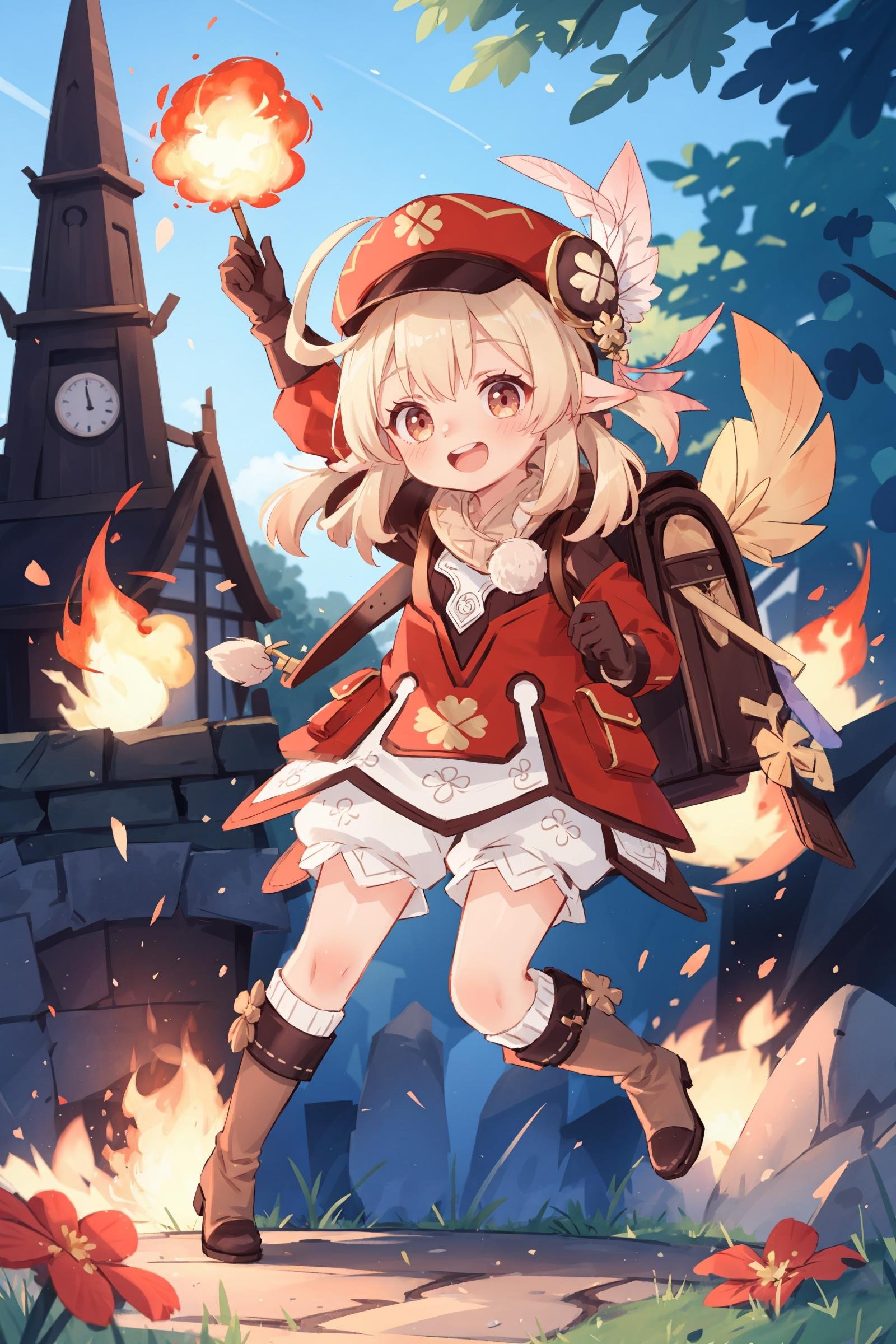 1girl, klee \(genshin impact\), bloomers, brown gloves, knee boots, cabbie hat, red coat, scarf, backpack, looking at viewer, smile, open mouth, full body, arms up, jumping, midair, explosion, fire, depth of field