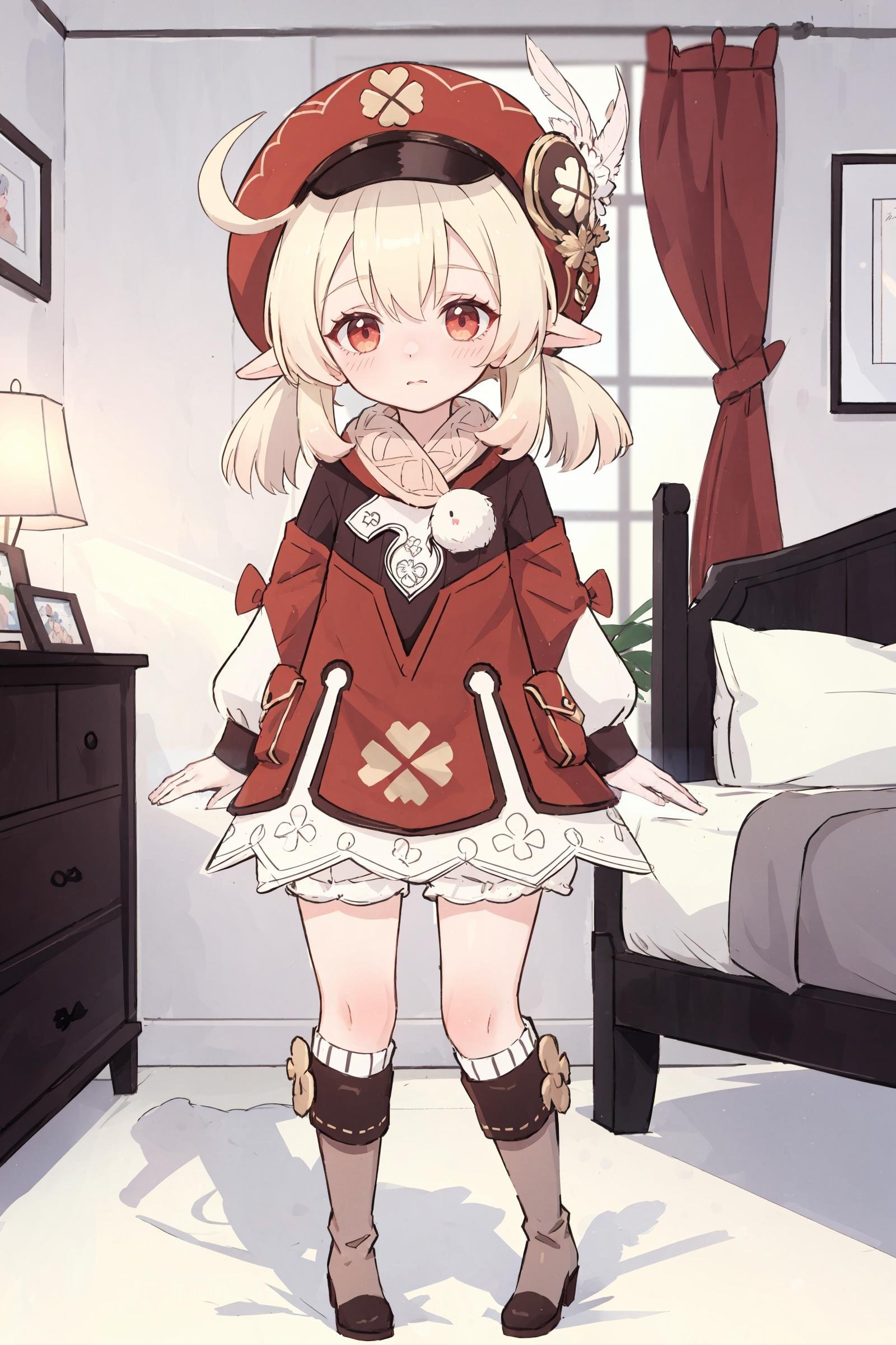 1girl, klee \(genshin impact\), bloomers, knee boots, cabbie hat, red coat, scarf, looking at viewer, shy, blush, arms behind back, full body, pigeon-toed, bedroom, indoors, depth of field