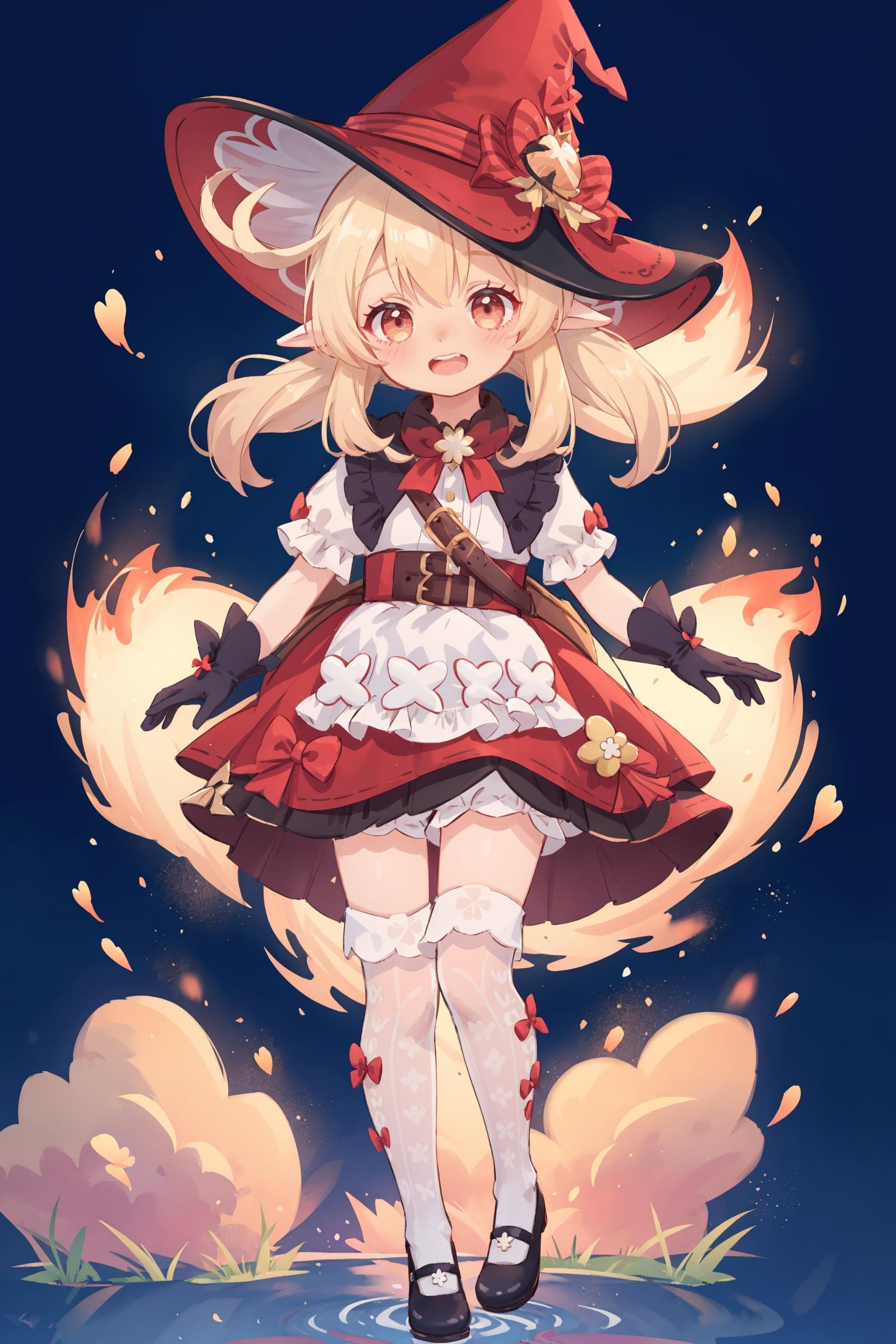 1girl, klee \(blossoming starlight\) \(genshin impact\), bloomers, black gloves, kneehighs, mary janes, witch hat, red skirt, white shirt, shawl, bag, waist apron, looking at viewer, smile, open mouth, full body, legs up, floating, midair, explosion, fire, depth of field