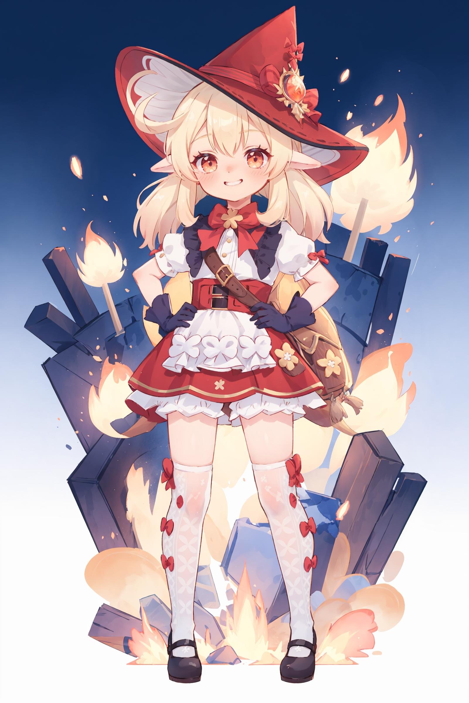 1girl, klee \(blossoming starlight\) \(genshin impact\), bloomers, black gloves, kneehighs, mary janes, witch hat, red skirt, white shirt, shawl, bag, waist apron, looking at viewer, smirk, full body, legs apart, hands on hips, explosion, fire, depth of field