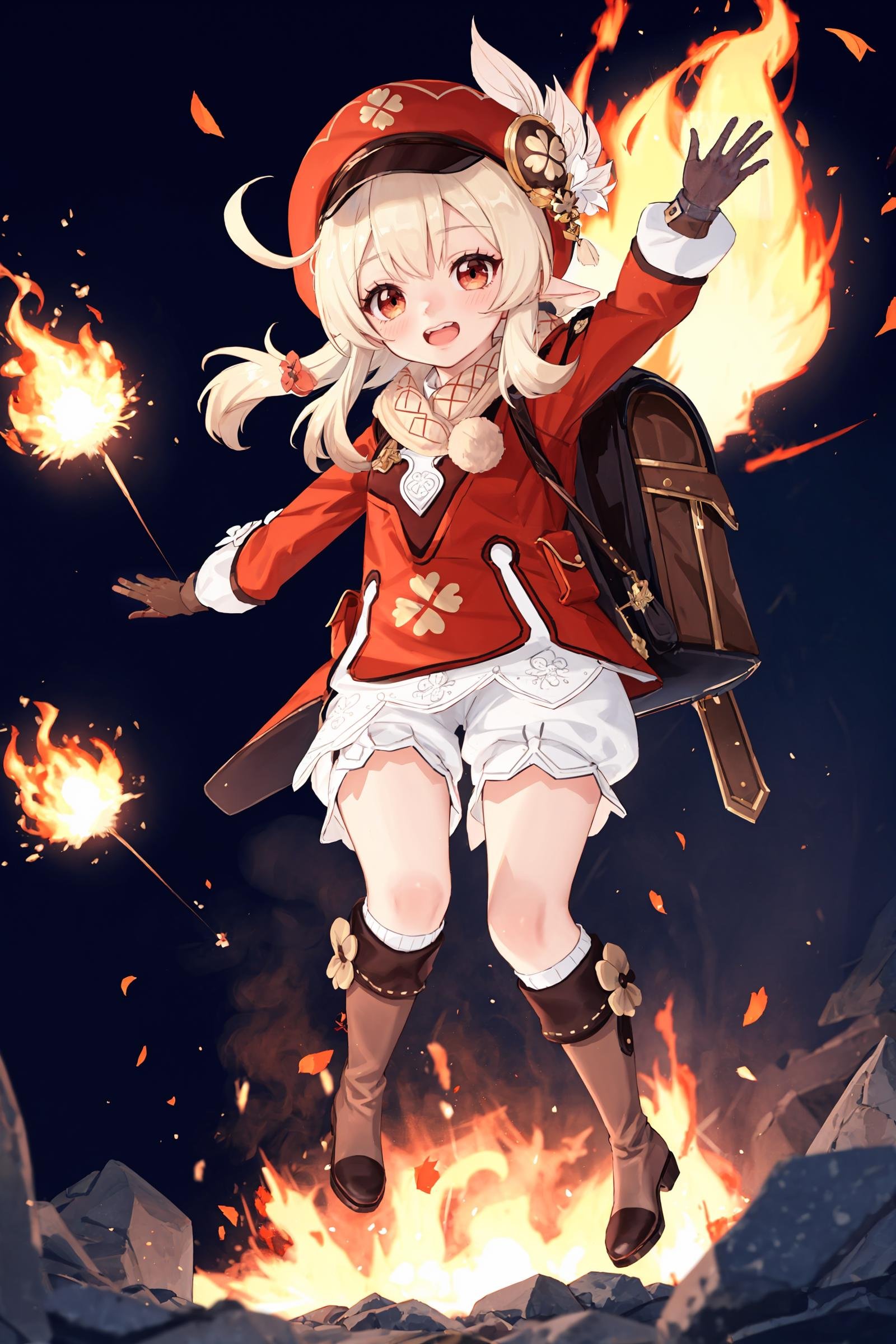 1girl, klee \(genshin impact\), bloomers, brown gloves, knee boots, cabbie hat, red coat, scarf, backpack, looking at viewer, smile, open mouth, full body, arms up, jumping, midair, explosion, fire, depth of field