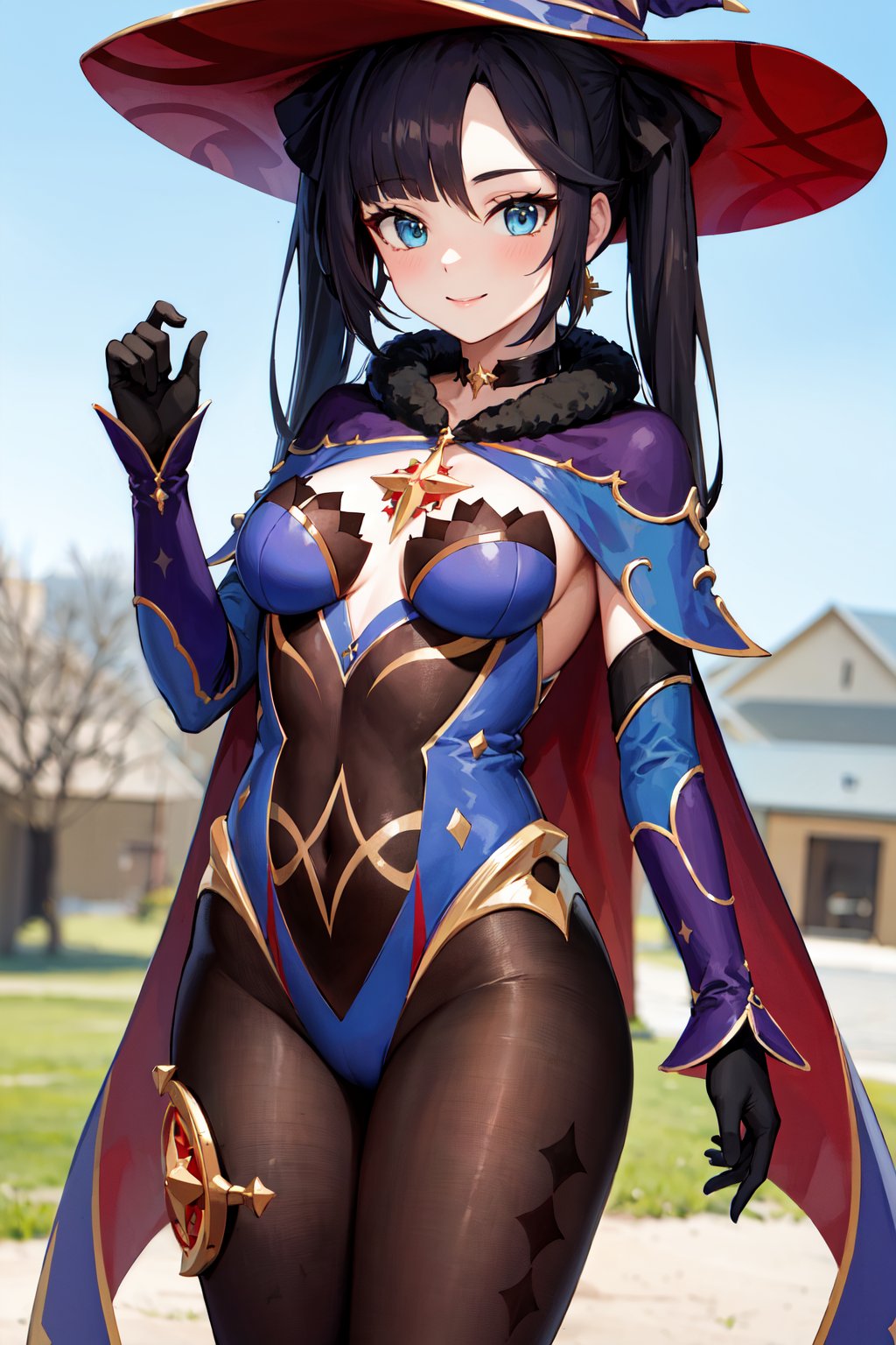 masterpiece, best quality, highres, aamona, long hair, twintails, hair ornament, black ribbon, earrings, witch hat, purple headwear, choker, cape, fur trim, gold trim, blue leotard, detached sleeves, gloves, pantyhose, <lora:mona_v1:0.7>, standing, cowboy shot, outdoors, smile,