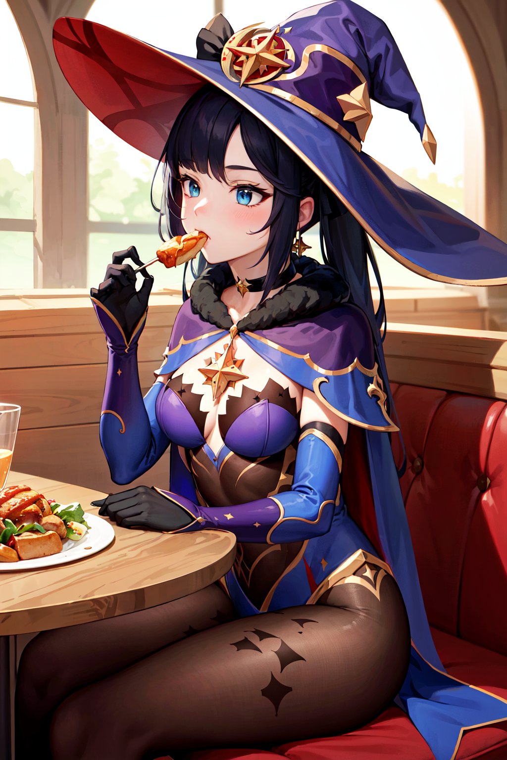 masterpiece, best quality, highres, aamona, long hair, twintails, hair ornament, black ribbon, earrings, witch hat, purple headwear, choker, cape, fur trim, gold trim, blue leotard, detached sleeves, gloves, pantyhose, <lora:mona_v1:0.7>, sitting, restaurant, indoors, food, eating, table