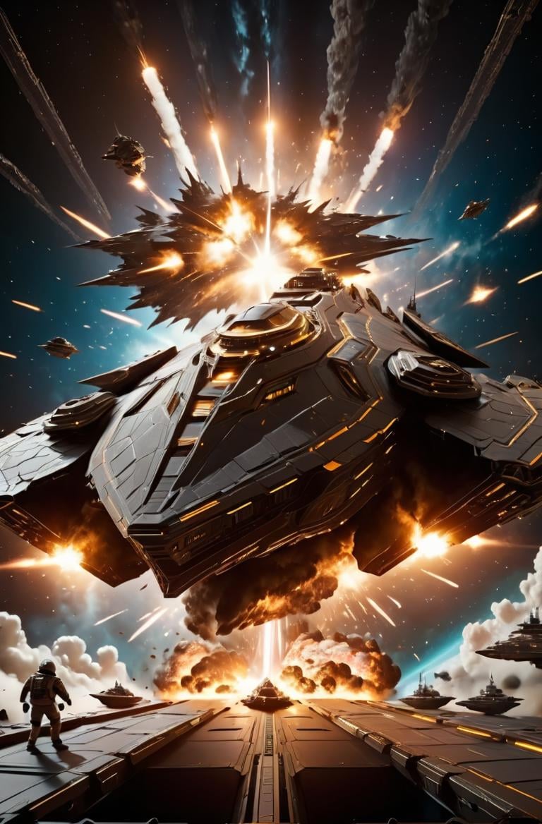 masterpiece, photorealistic highly detailed 8k photography, best cinematic quality, volumetric lighting and shadows, sharp intricate details, <lora:SpaceCraft_XL-000005:1> symmetric Tortoise Shell Brown spcrft destroying a space warship, explosions, space battle background, Establishing shot