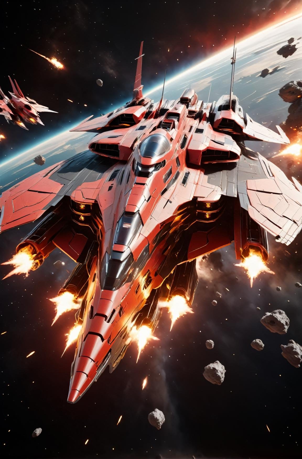 masterpiece, photorealistic highly detailed 8k photography, best cinematic quality, volumetric lighting and shadows, sharp intricate details, <lora:SpaceCraft_XL-000005:1> Colossal symmetric Racing Red spcrft destroying a space warship, mini wings, explosions, space battle background, Medium close-up