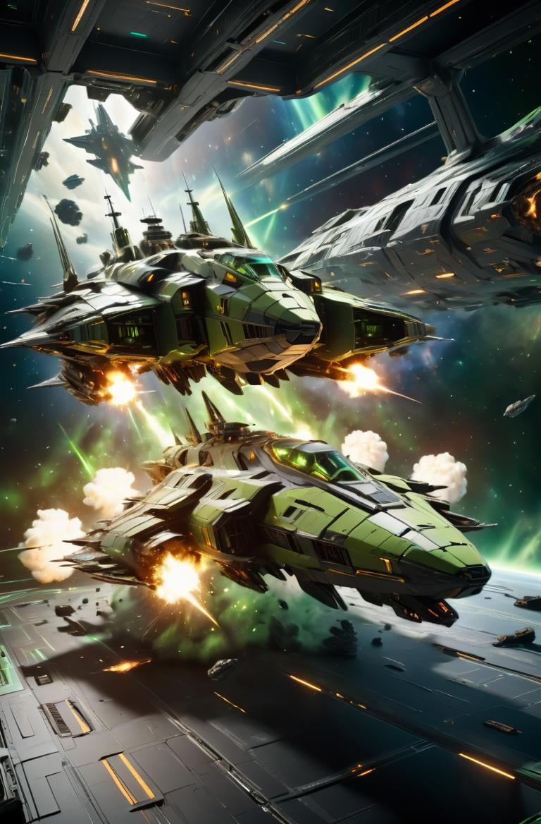 masterpiece, photorealistic highly detailed 8k photography, best cinematic quality, volumetric lighting and shadows, sharp intricate details, <lora:SpaceCraft_XL-000005:1> symmetric Spring Green spcrft destroying a space warship, explosions, space battle background, HDRI
