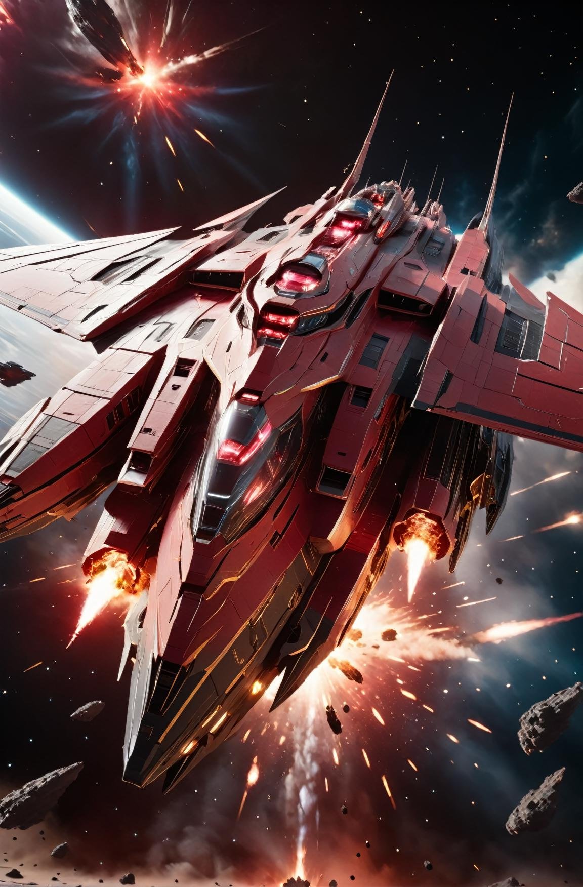 masterpiece, photorealistic highly detailed 8k photography, best cinematic quality, volumetric lighting and shadows, sharp intricate details, <lora:SpaceCraft_XL-000005:1> Big symmetric Ruby Red spcrft destroying a space warship, Large wings, explosions, space battle background, Medium close-up