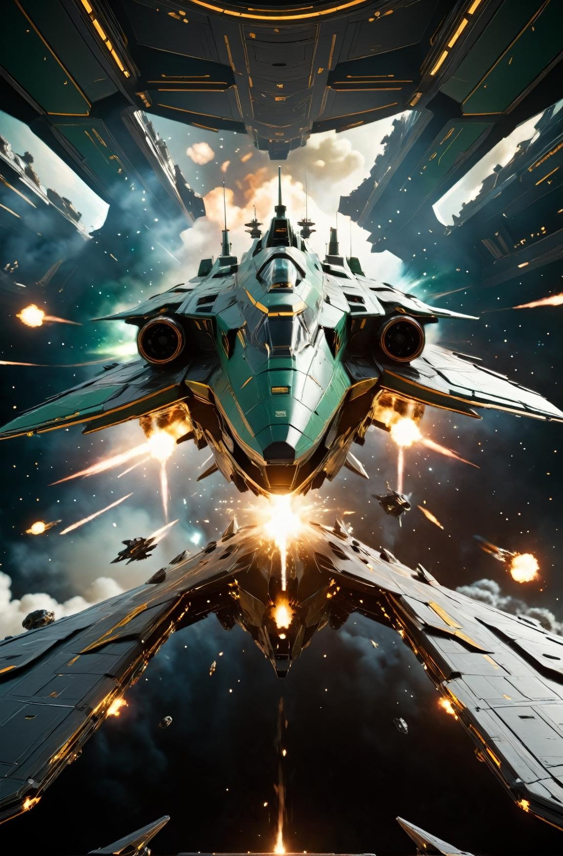 masterpiece, photorealistic highly detailed 8k photography, best cinematic quality, volumetric lighting and shadows, sharp intricate details, <lora:SpaceCraft_XL-000005:1> Big symmetric Viridian spcrft destroying a space warship, mini wings, explosions, space battle background, low-angle shot