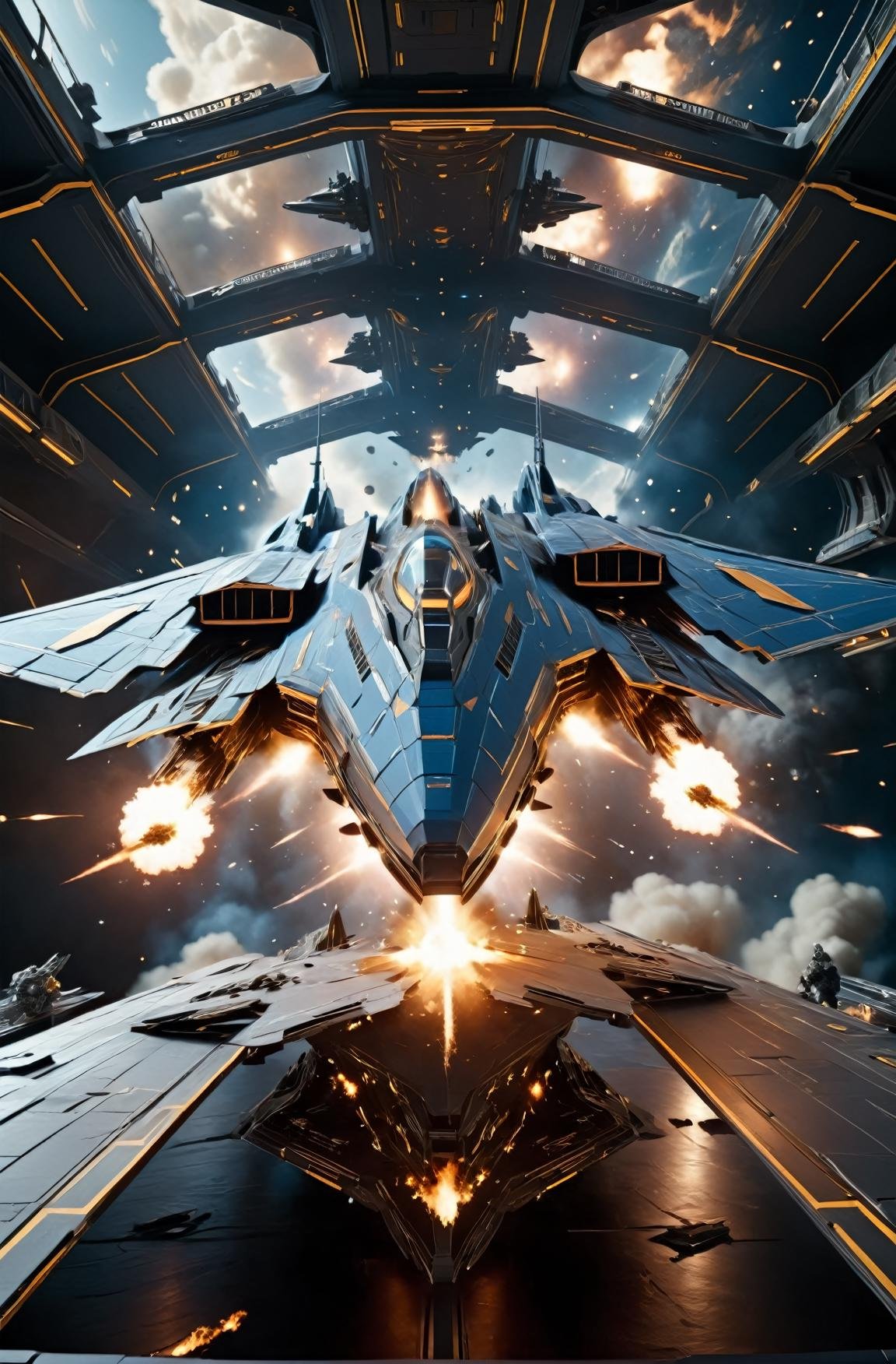 masterpiece, photorealistic highly detailed 8k photography, best cinematic quality, volumetric lighting and shadows, sharp intricate details, <lora:SpaceCraft_XL-000005:1> Colossal symmetric Denim Blue spcrft destroying a space warship, mini wings, explosions, space battle background, low-angle shot