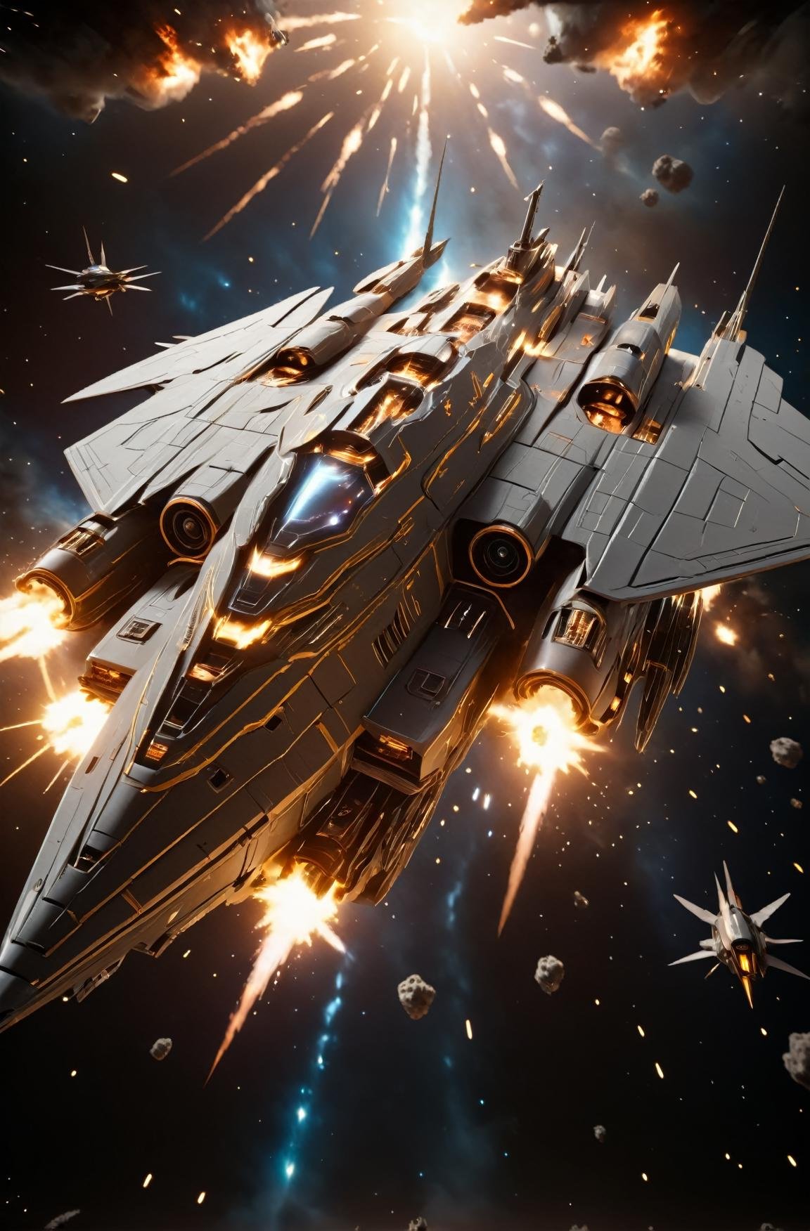 masterpiece, photorealistic highly detailed 8k photography, best cinematic quality, volumetric lighting and shadows, sharp intricate details, <lora:SpaceCraft_XL-000005:1> Tiny symmetric Eye Brown spcrft destroying a space warship, mini wings, explosions, space battle background, Aerial view