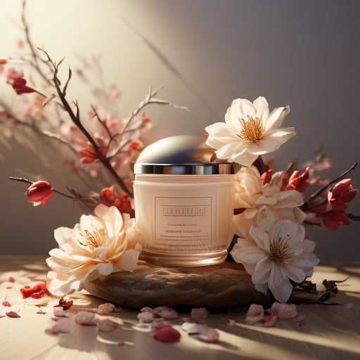 masterpiece, best quality, photo of lotion jar skin care products, myphamhoahong photo, flower, (white flower:1.2), leaf, branch, petals, plant, gradient, garden, realistic, red theme, scenery, shadow, still life <lora:myphamhoahong_final:1> <lora:epiNoiseoffset_v2:1> <lora:add_detail:0.8>
