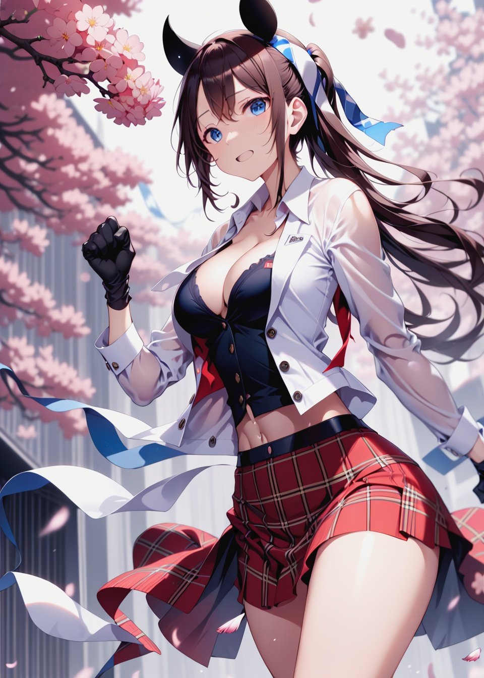 Best quality,masterpiece,ultra high res,(dynamic angle),Anime style, 1girl, skirt, solo, long hair, breasts, navel, plaid skirt, open clothes, shirt, cleavage, red skirt, gloves, pleated skirt, white gloves, plaid, brown hair, jacket, petals, smile, white shirt, underwear, armpits, closed mouth, collarbone, stomach, open shirt, dress shirt, bra, miniskirt, very long hair, sidelocks, medium breasts, long sleeves, bangs, arms up, ponytail, open jacket, tassel, headband, white bra, collared shirt, sports bra, midriff, blue eyes, black jacket, cowboy shot, looking away, floating hair, white ribbon, buttons, cherry blossoms, blush, sleeves rolled up