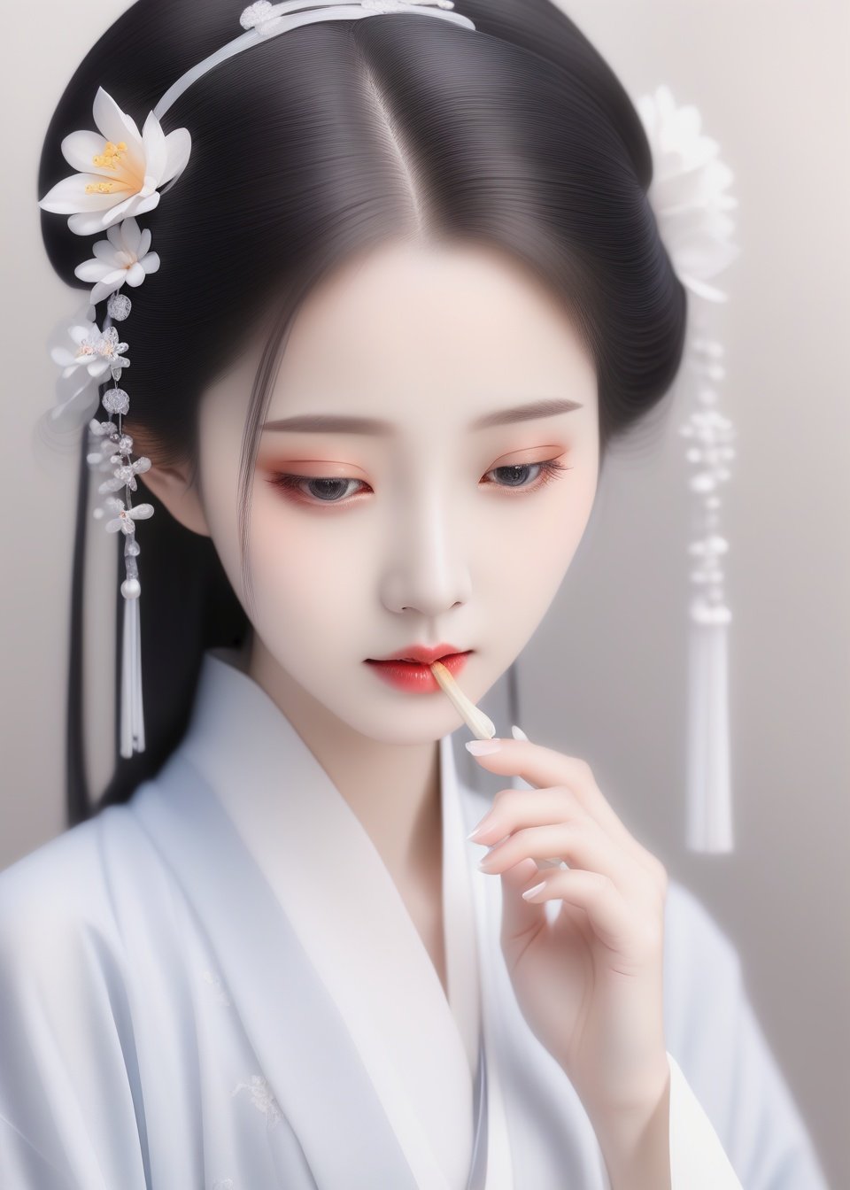 hanfu style, 1girl, solo, flower, black hair, realistic, hair ornament, lips, hair flower, parted lips, portrait, black eyes, close-up, nose, white background