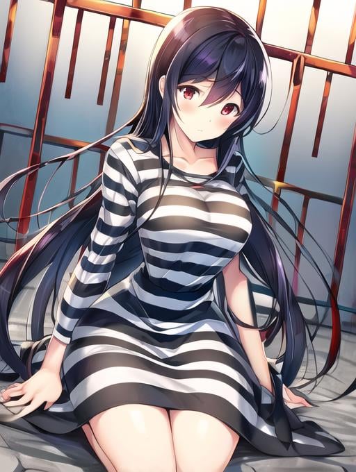 best quality, masterpiece, highres, detailed, perfect anatomy,  <lora:Detail - add_detail:0.2>, <lyco:PrisonerCh-10:0.7>, PrisonerCh, striped dress, Hoshimi, red eyes, black hair, long hair, jail, jail cell,  <lora:Character - Hoshimi:0.7>