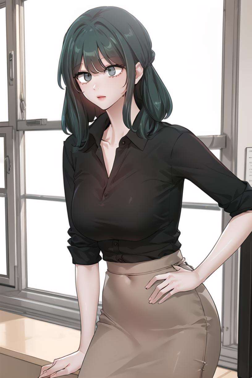 <lora:YelenaYerin_CC:1> yelenadef, green hair, green eyes, medium hairmedium body, portrait, grey shirt, black skirt, pencil skirt, office lady, collarbone, cleavage, collared shirt, standing, masterpiece, best quality, 