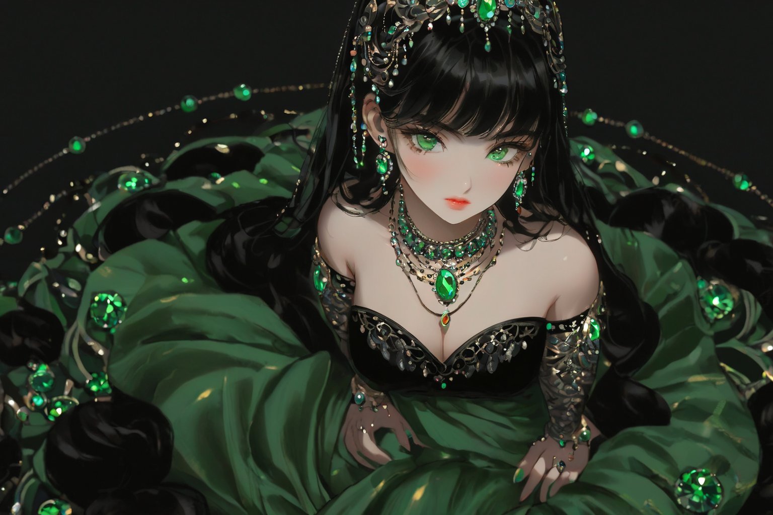  (best quality), ((masterpiece)), (highres), illustration, original, extremely detailed,hbx, 1girl, solo, jewelry, black hair, necklace, breasts, looking at viewer, kneeling, earrings, green eyes, covering, navel, black background, covering breasts, concept art