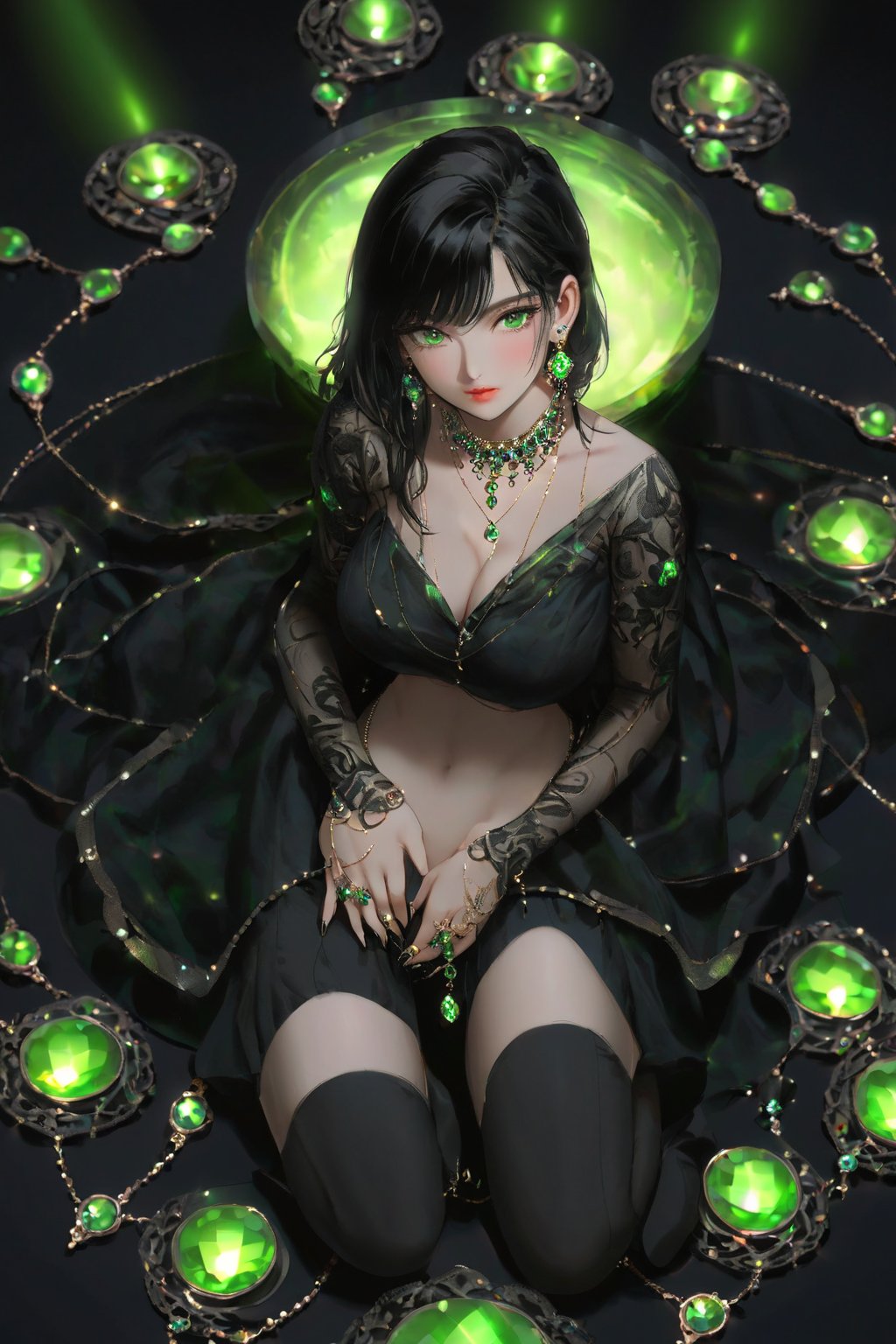  (best quality), ((masterpiece)), (highres), illustration, original, extremely detailed,hbx, 1girl, solo, jewelry, black hair, necklace, breasts, looking at viewer, kneeling, earrings, green eyes, covering, navel, black background, covering breasts, concept art