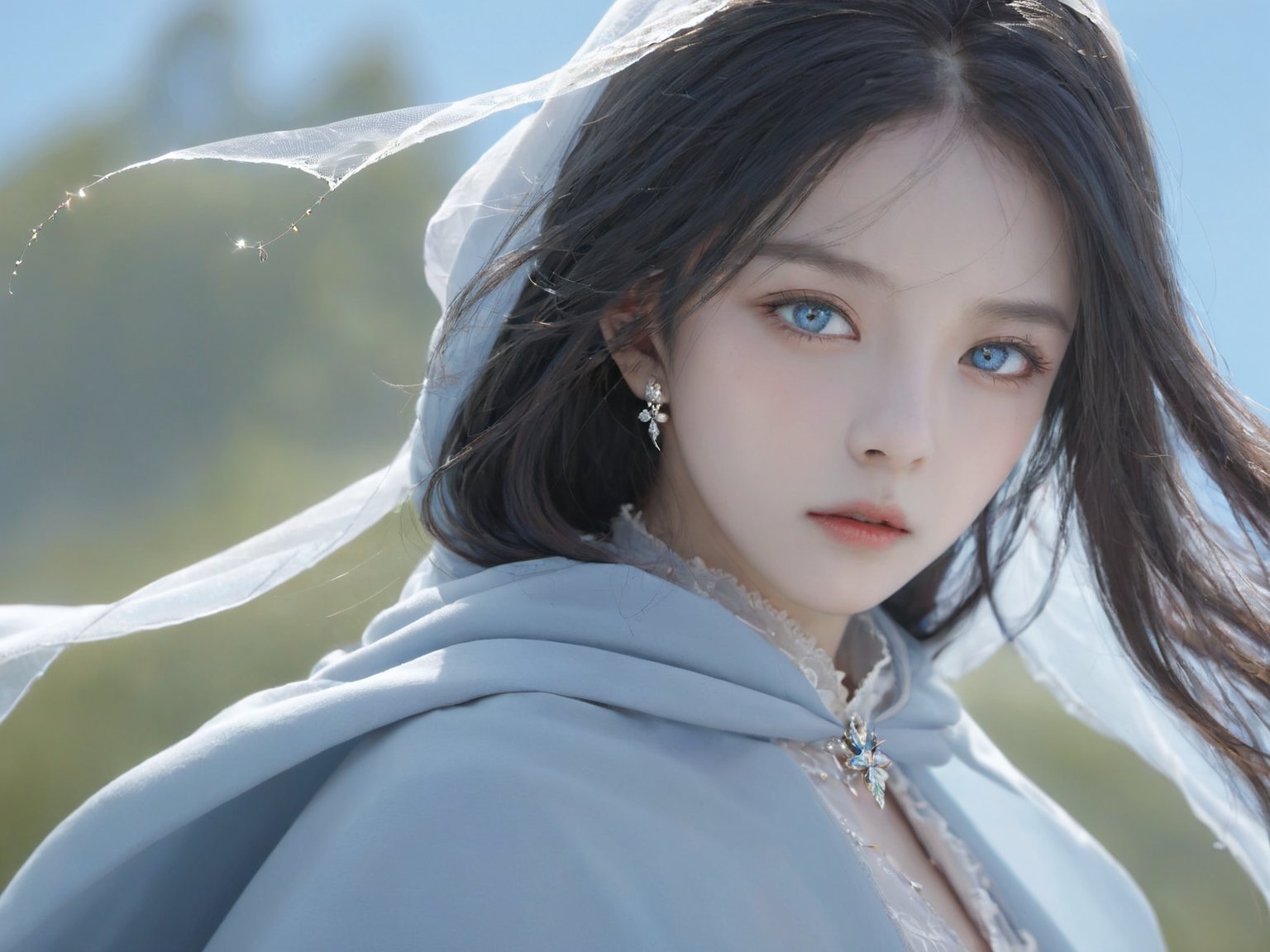 masterpiece,best quality,wlop, 1girl, solo, blue eyes, bug, butterfly, parted lips, mole under eye, veil, portrait, mole, looking away, hood, lips, looking to the side, eyelashes, blue background, long hair, teeth, jewelry, nose, hand up, sky, close-up, gem, blue sky, hood up, wind, white hair, realistic, day, grey hair, floating hair, looking afar, fingernails, bangs, sleeves past wrists, cloak, simple background, outdoors, looking at viewer,
