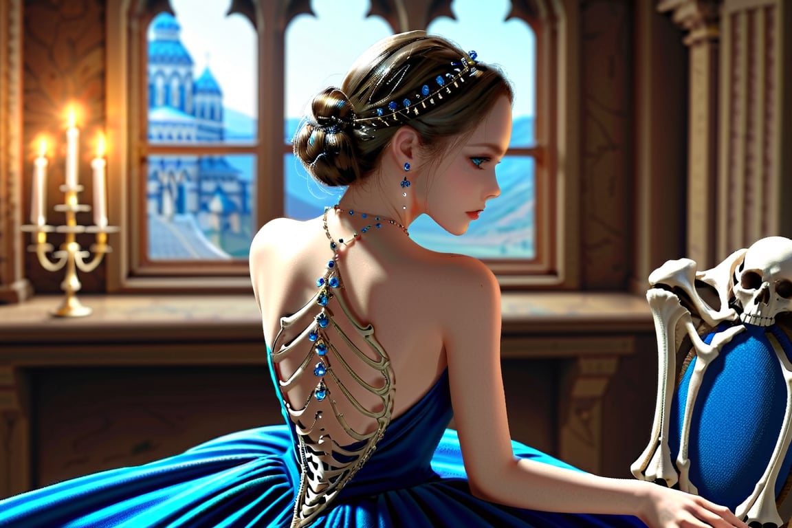 (best quality), ((masterpiece)), (highres), illustration, original, extremely detailed,hbx, 1girl, dress, pointy ears, blue eyes, solo, skeleton, backless outfit, backless dress, jewelry, necklace, bare shoulders, bare back, skull
, ((wlop))