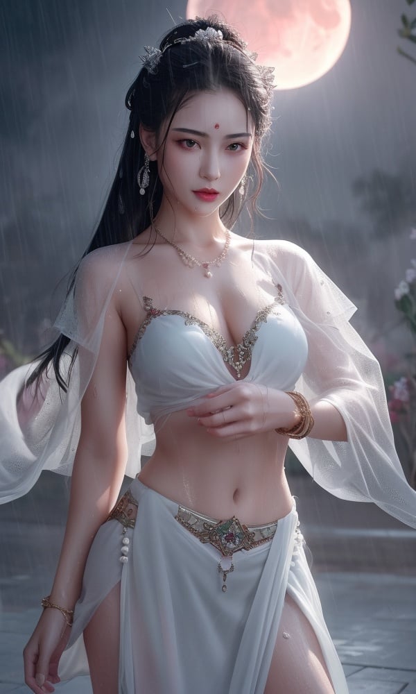 (,1girl, ,best quality, )<lora:DA-国风-敦煌A:0.6>,, ,ultra realistic 8k cg, flawless,  tamari \(flawless\), professional artwork, famous artwork, cinematic lighting, cinematic bloom, perfect face, beautiful face, fantasy, dreamlike, unreal, science fiction,  luxury, jewelry, diamond, pearl, gem, sapphire, ruby, emerald, intricate detail, delicate pattern, charming, alluring, seductive, erotic, enchanting, hair ornament, necklace, earrings, bracelet, armlet,halo,masterpiece, fantasy, realistic,science fiction,mole,  medium breasts,cherry blossoms,wet clothes,lace, lace trim,   lace-trimmed legwear,(((Best quality, masterpiece, ultra high res, (photorealistic:1.4), raw photo, 1girl, wet clothes, rain, sweat, ,wet, night, moon,  )))  (()), (),