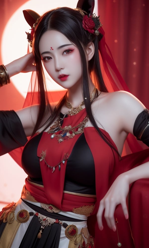 (,1girl, ,best quality, )<lora:DA-国风-敦煌A:0.7>,, ,masterpiece, fantasy, realistic,science fiction,mole, ultra realistic 8k cg, ,tamari \(flawless\),  medium breasts,red moon, black rose,     (()), (),