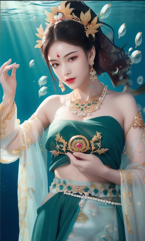 (,1girl, ,best quality, )<lora:DA-国风-敦煌A:0.8>,, ,masterpiece,((((1girl, solo, medium breasts, solo focus, seaweed,underwater, ))))    (()), (), ,ultra realistic 8k cg, flawless, clean, masterpiece, professional artwork, famous artwork, cinematic lighting, cinematic bloom, perfect face, beautiful face, fantasy, dreamlike, unreal, science fiction, luxury, jewelry, diamond, gold, pearl, gem, sapphire, ruby, emerald, intricate detail, delicate pattern, charming, alluring, seductive, erotic, enchanting, hair ornament, necklace, earrings, bracelet, armlet,halo,