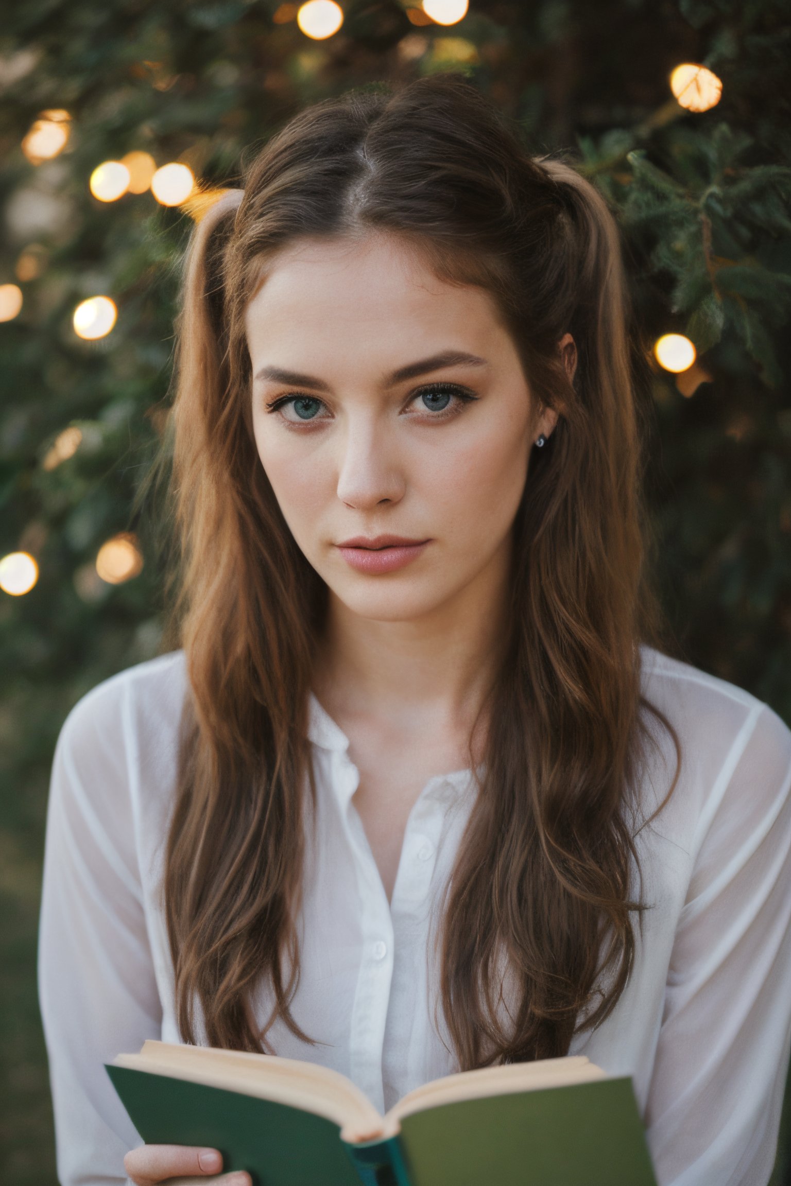 beautiful women reading book under the tree, siiting, long blonde hair, 2 ponytails, dark make up, blue eyes,attractive,lighted, illuminated aura ,inst4 style,aesthetic portrait,