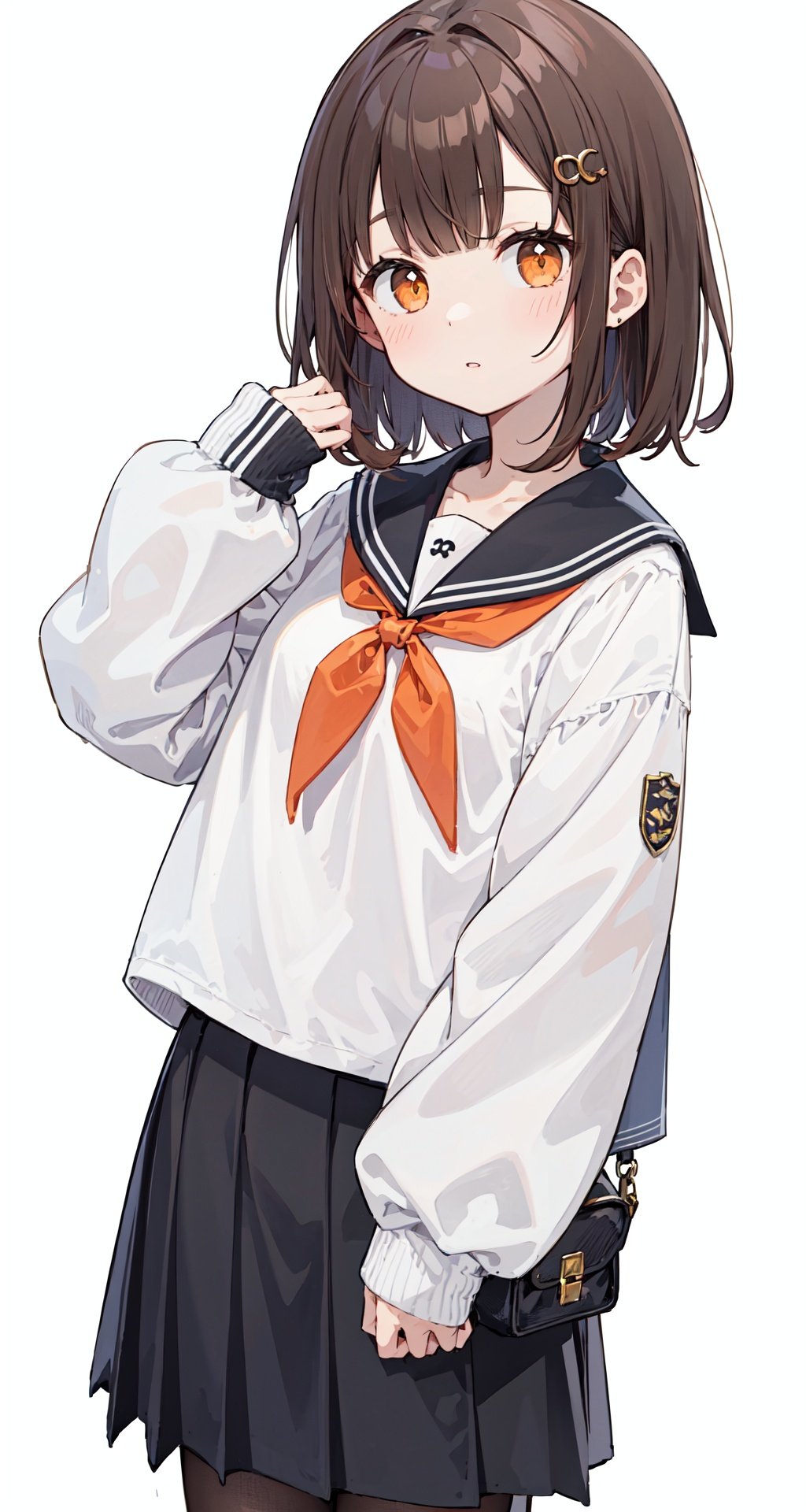 solo, 1girl, sleeves past wrists, school uniform, sleeves past fingers, skirt, simple background, bangs, hair ornament, serafuku, white background, short hair, parted lips, pleated skirt, long sleeves, muted color, neckerchief, brown hair, sailor collar, black skirt, blunt bangs, cowboy shot, orange eyes, black sailor collar, looking at viewer