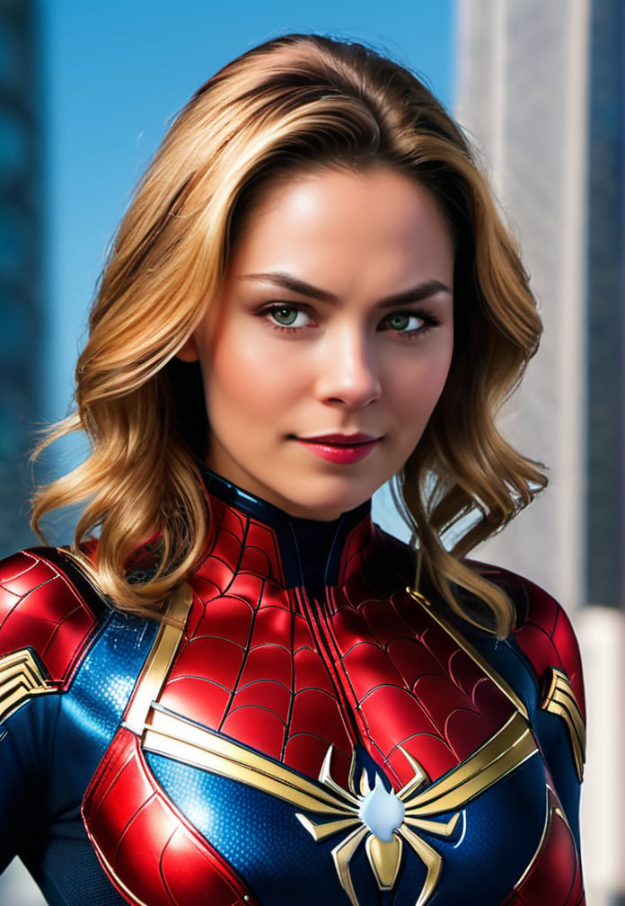 a close up of a woman in a superhero suit posing for a picture, ((spiderwoman)), spider woman, spiderwoman, medium close - up ( mcu ), spiderwoman, textless, marvel style, in style, of marvel, portrait shot, captain marvel, profile shot, style of marvel, marvel character, in style of marvel and dc, marvel superhero, cinematic poster,