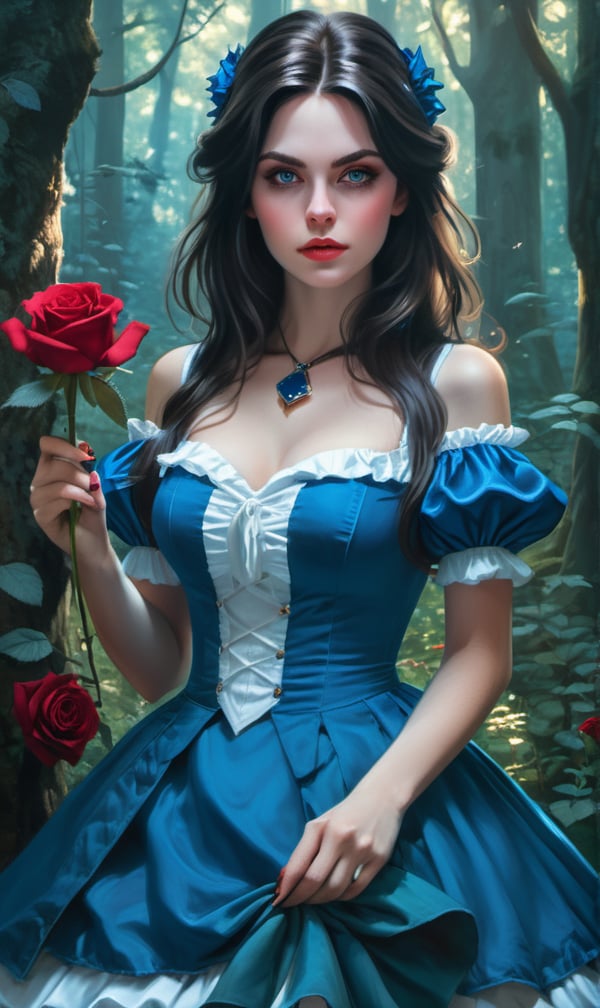 American McGee's Alice in a blue dress is holding a rose in a forest, a sexy maid in a magical forest, alena aenami and artgerm, hyperrealistic fantasy art, beautiful maiden, artgerm julie bell beeple, ornate cosplay, realistic cosplay, beautiful sorceress, amouranth, sakimichan frank franzzeta