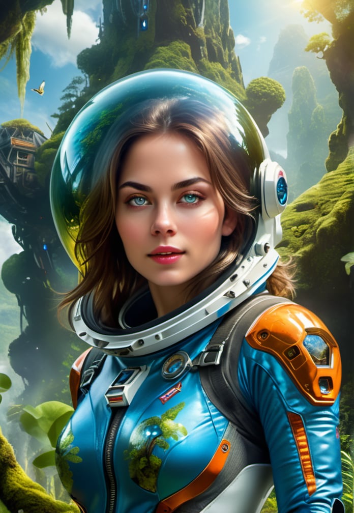 photorealistic details in highest resolution, best quality, slim young female beautiful cover model astronaut in a sexy spacesuit, with very beautiful highly detailed face, a spaceship overgrown with moss and trees, an alien planet, bright alien butterflies, a jungle, a sunny day, azure-blue clear sky, a stream, bright colors, high quality, realistic lighting shadows and reflections, 8k, hdr, photorealistic, best quality, highest details, highly complex scenery
